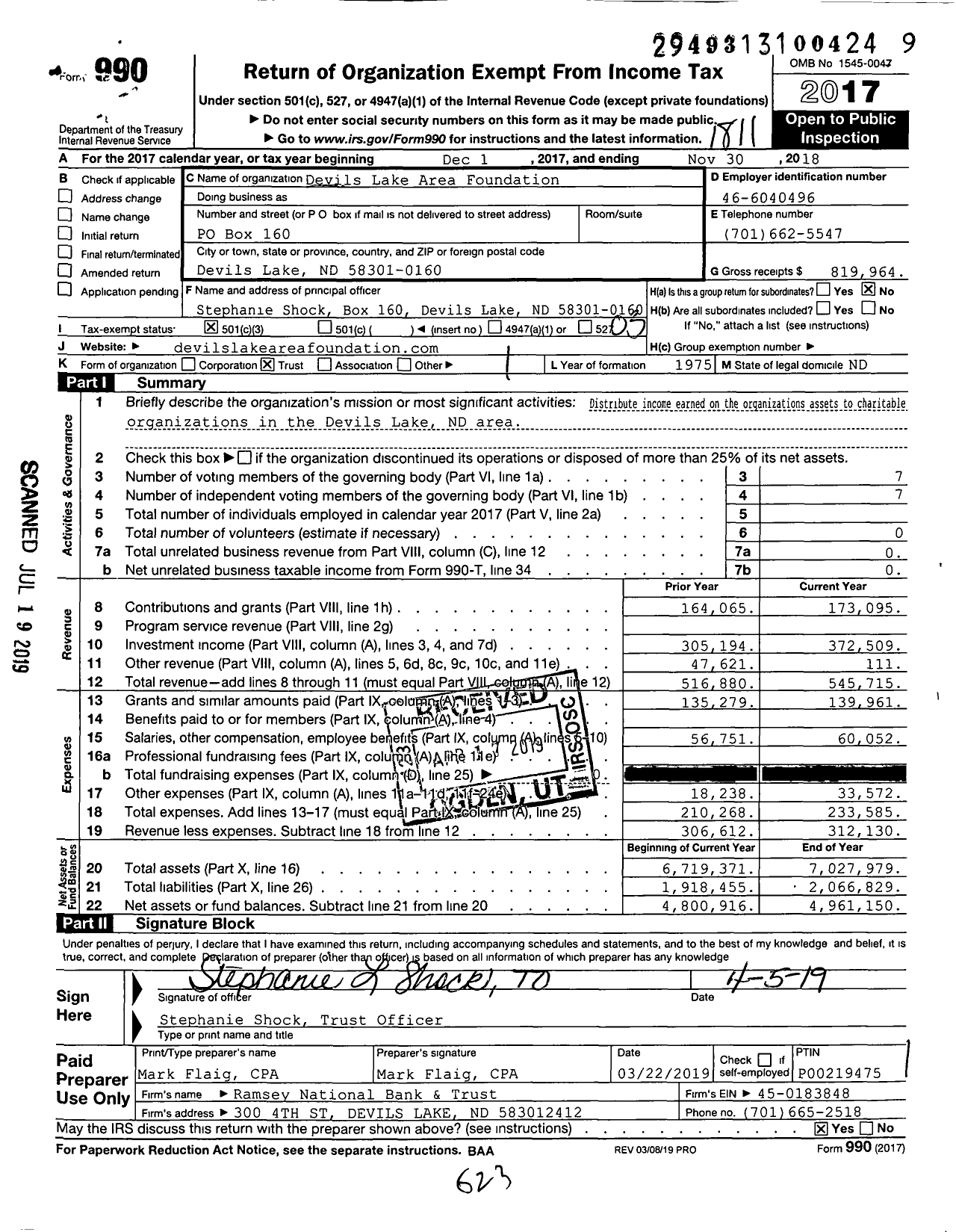 Image of first page of 2017 Form 990 for The Devils Lake Area Foundation