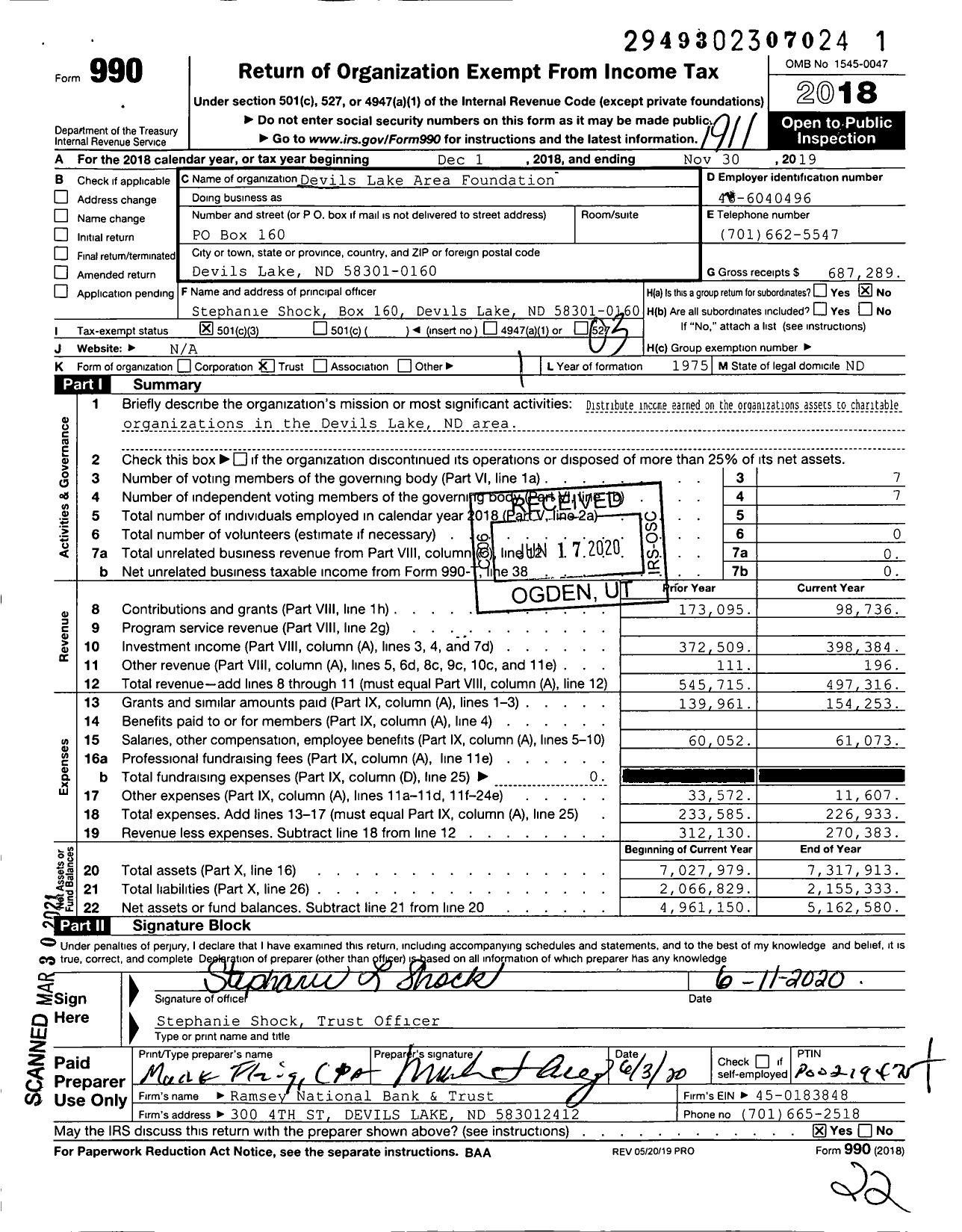 Image of first page of 2018 Form 990 for The Devils Lake Area Foundation