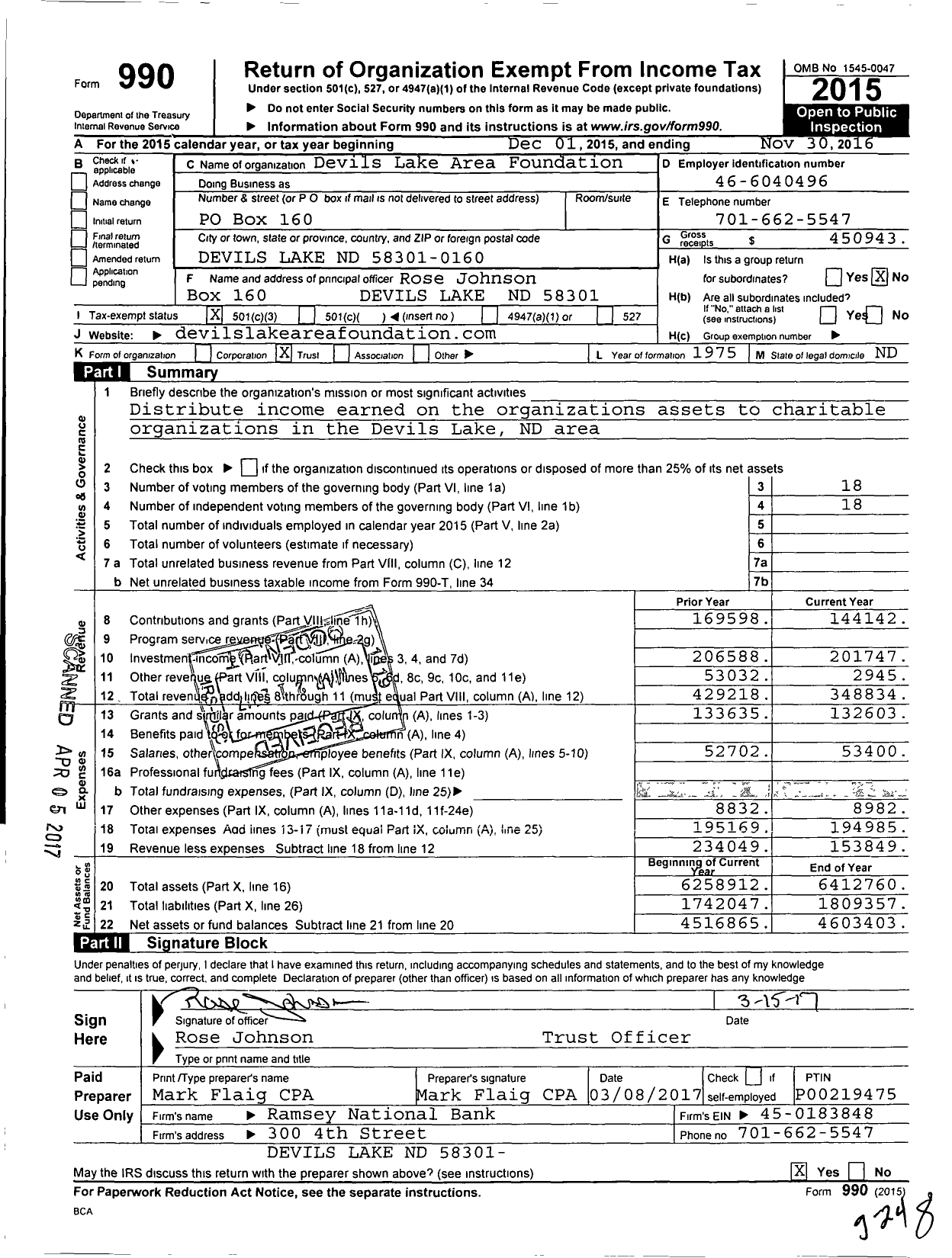 Image of first page of 2015 Form 990 for The Devils Lake Area Foundation