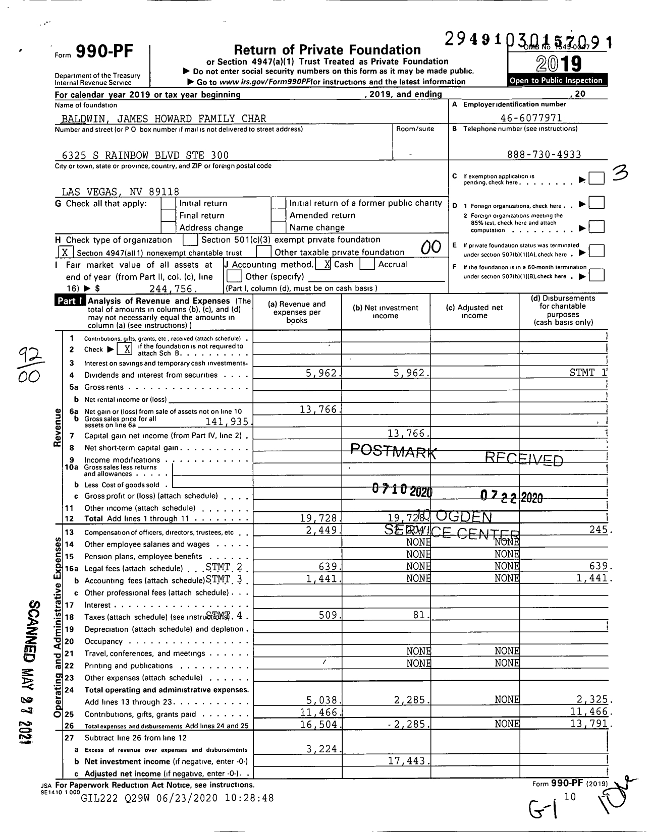 Image of first page of 2019 Form 990PF for Baldwin James Howard Family Char