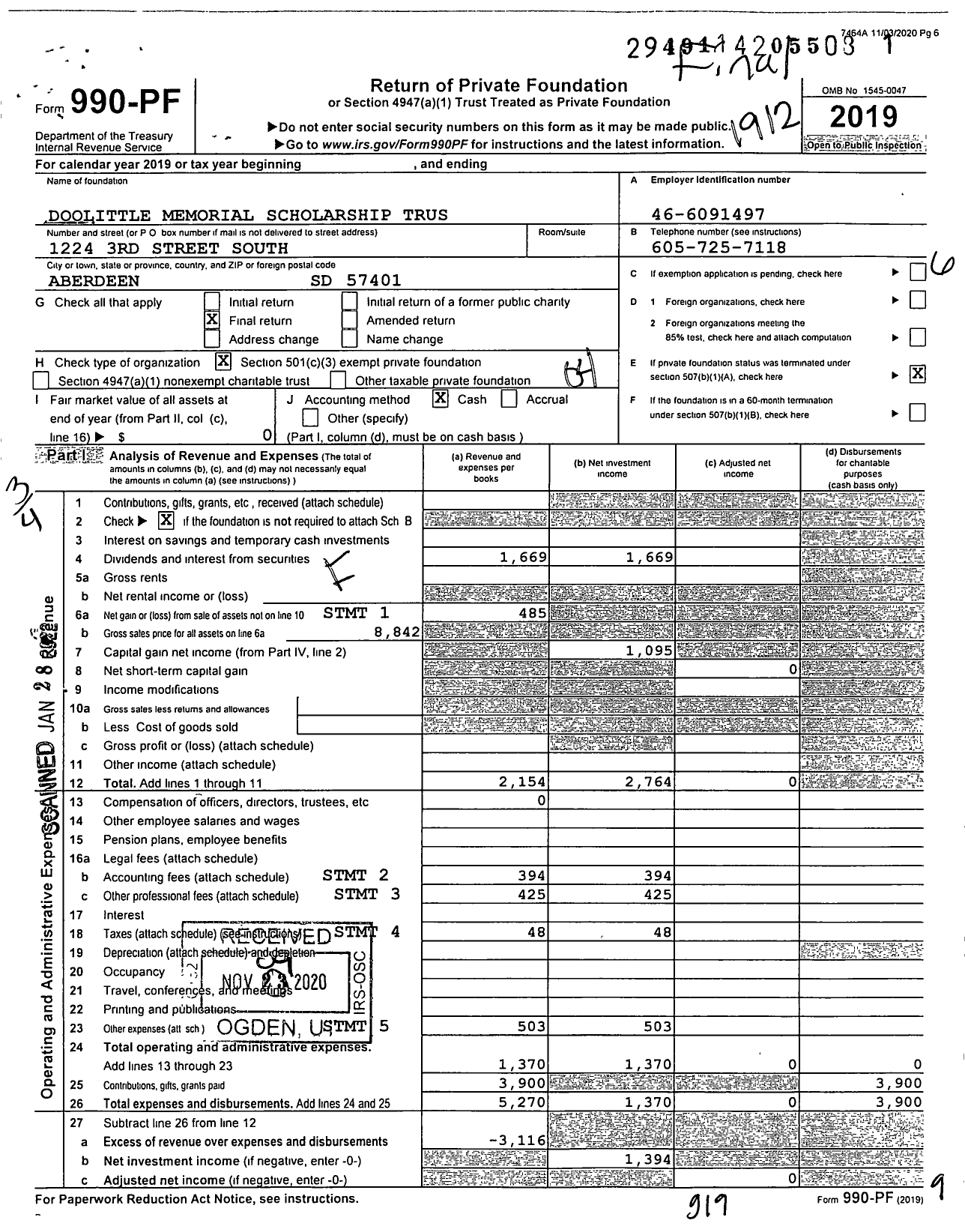 Image of first page of 2019 Form 990PF for Doolittle Memorial Scholarship Trust