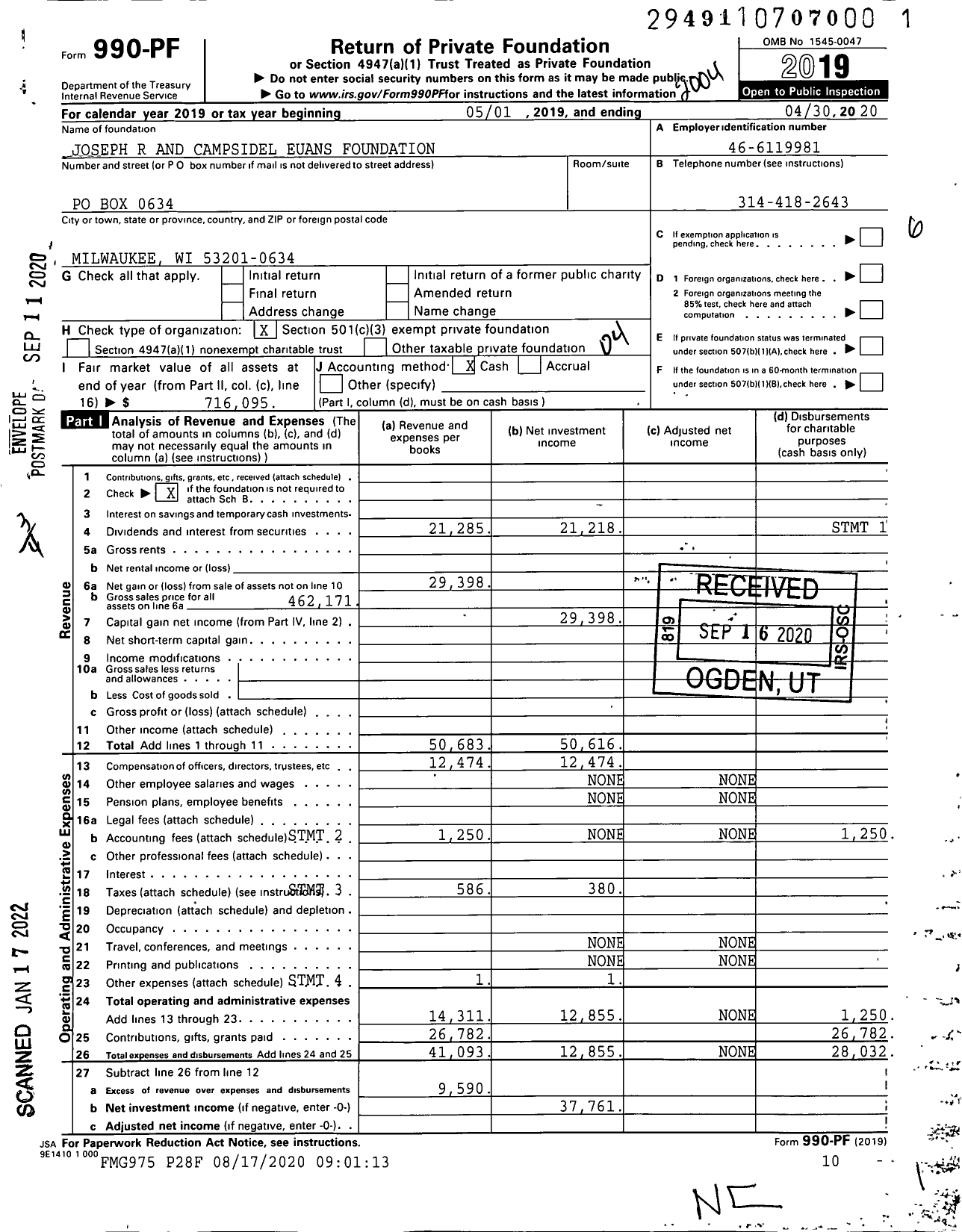 Image of first page of 2019 Form 990PF for Joseph R and Campsidel Euans Foundation