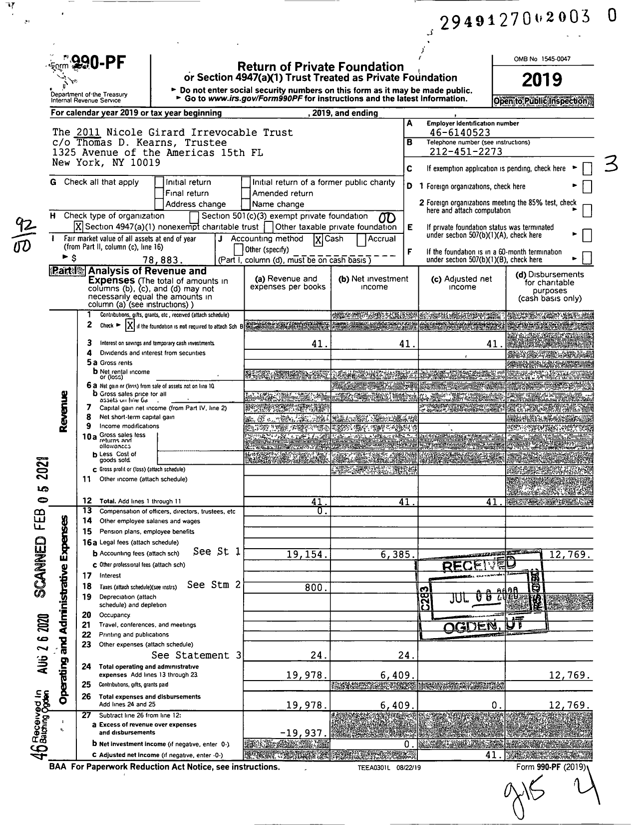 Image of first page of 2019 Form 990PF for The 2011 Nicole Girard Irrevocable Trust