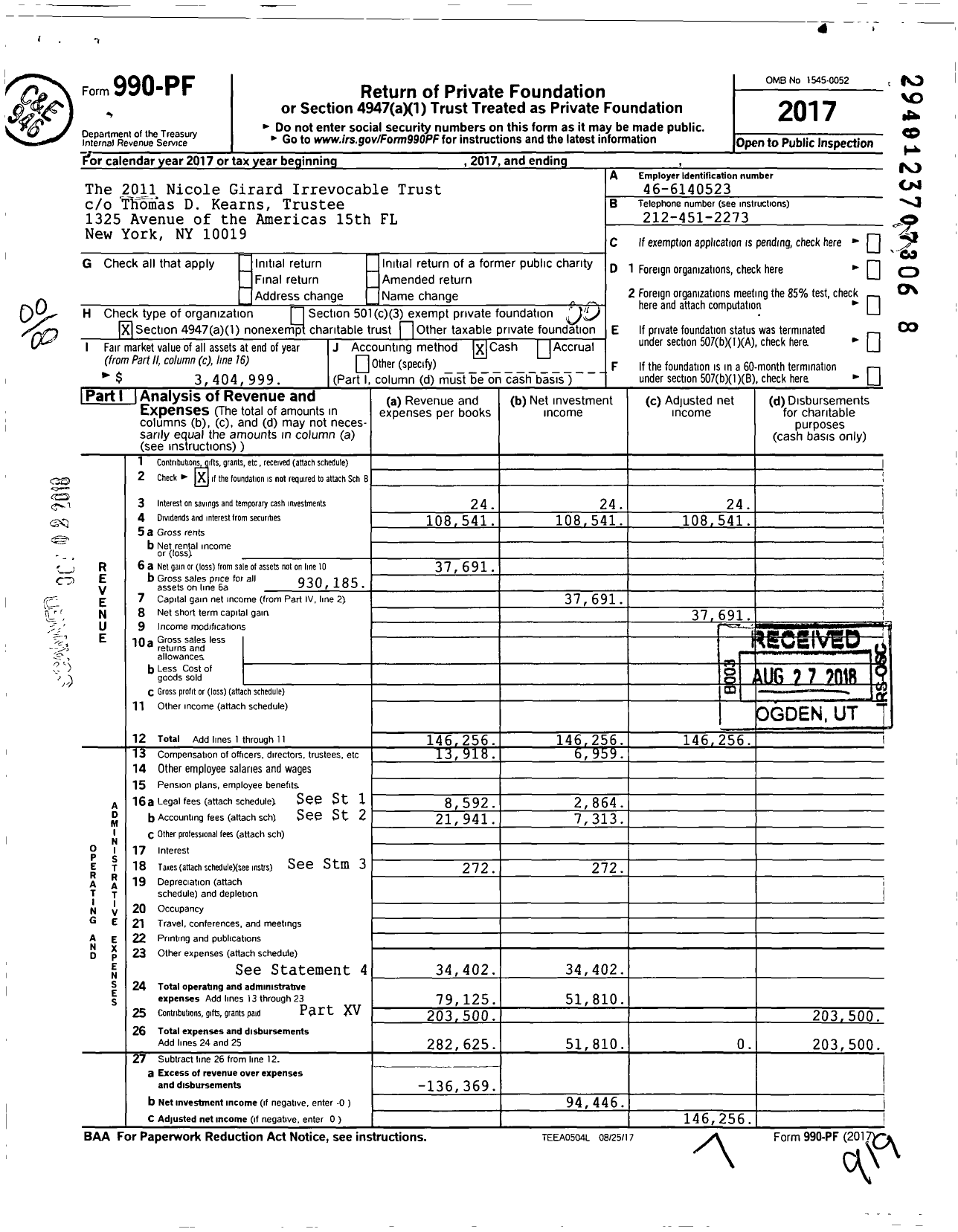 Image of first page of 2017 Form 990PF for The 2011 Nicole Girard Irrevocable Trust