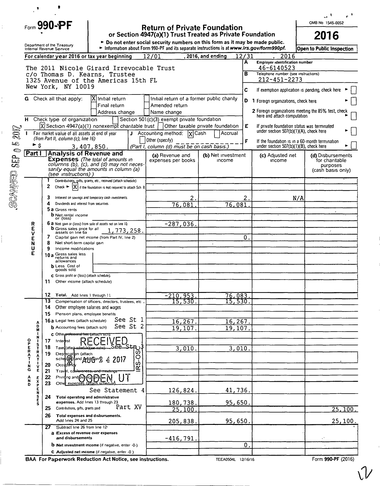 Image of first page of 2016 Form 990PF for The 2011 Nicole Girard Irrevocable Trust