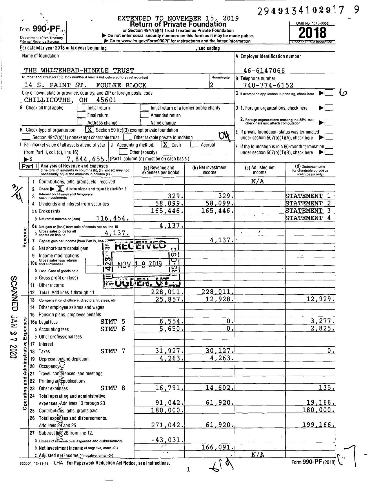 Image of first page of 2018 Form 990PF for The Whitehead-Hinkle Trust