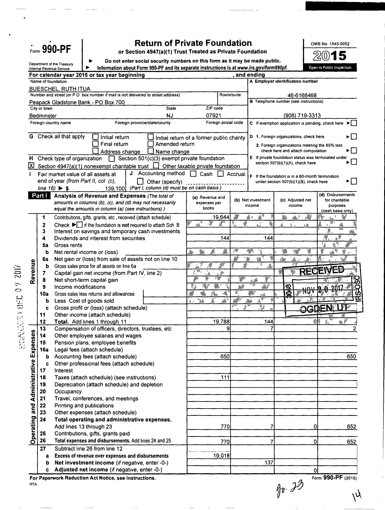 Image of first page of 2015 Form 990PF for Bueschel Ruth Itua