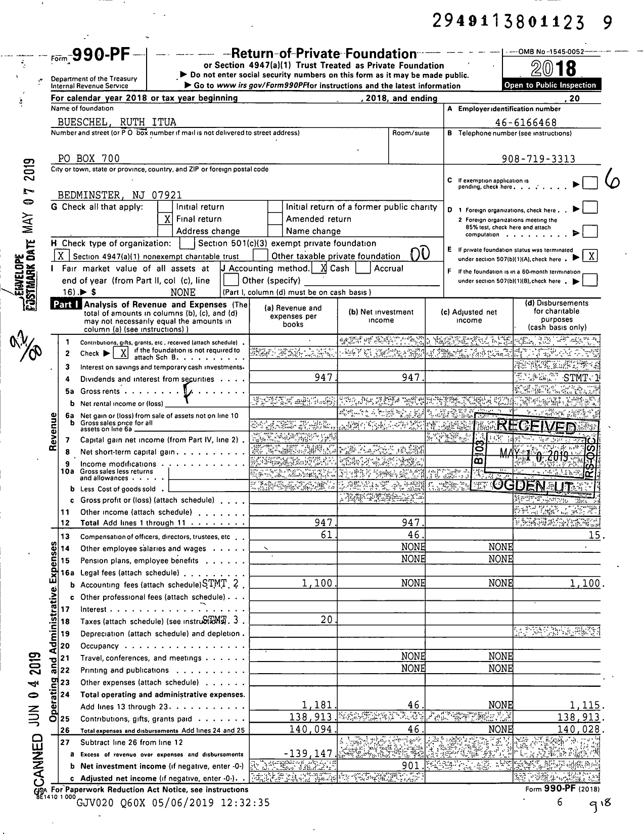 Image of first page of 2018 Form 990PF for Bueschel Ruth Itua