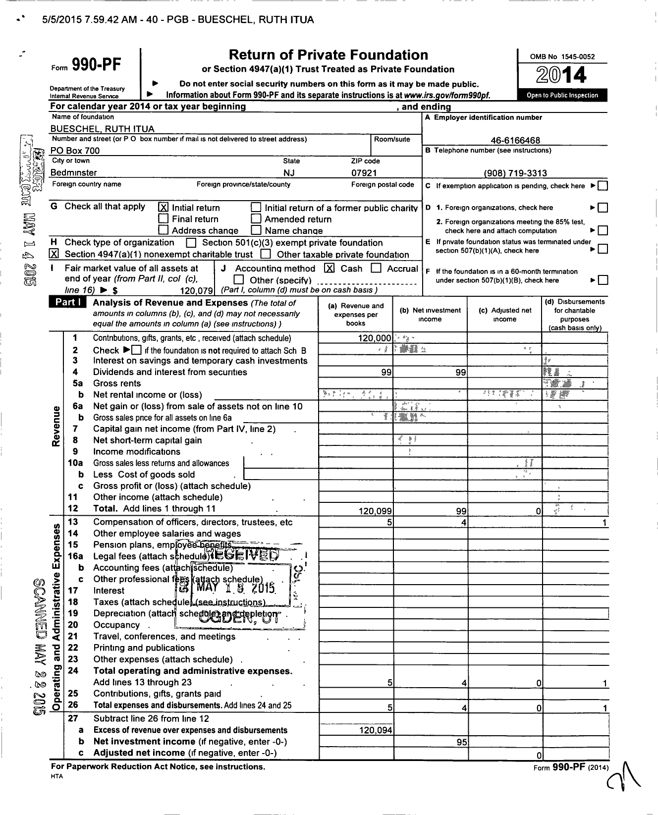 Image of first page of 2014 Form 990PF for Bueschel Ruth Itua