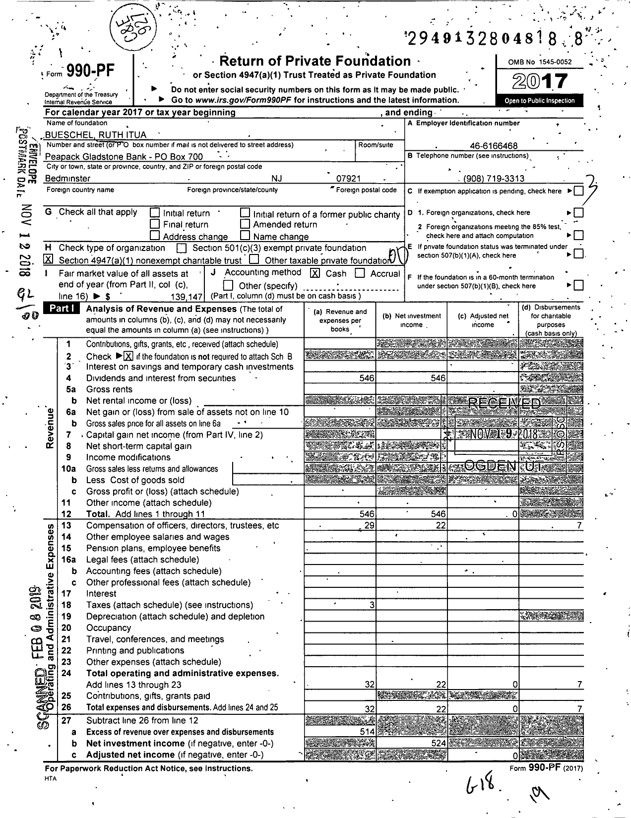 Image of first page of 2017 Form 990PF for Bueschel Ruth Itua