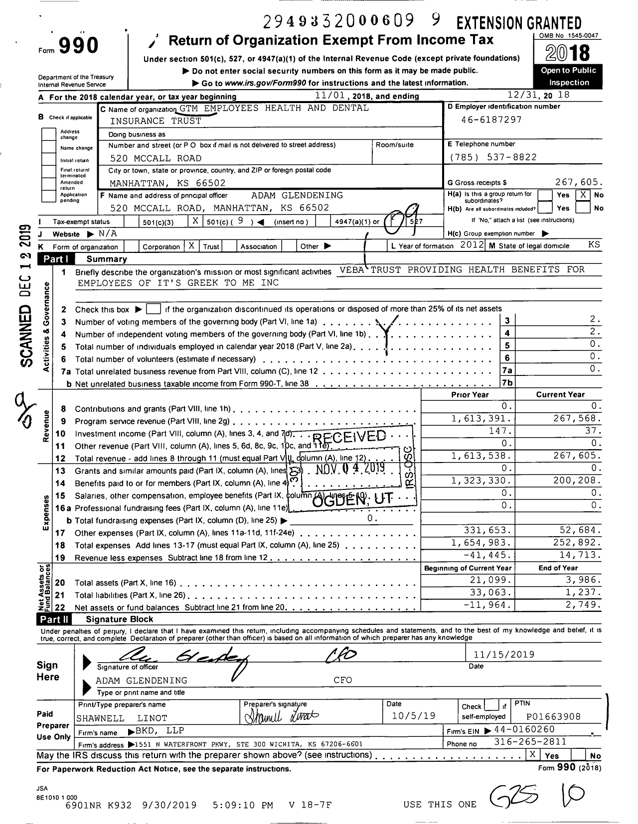 Image of first page of 2018 Form 990O for GTM Employees Health and Dental Insurance Trust