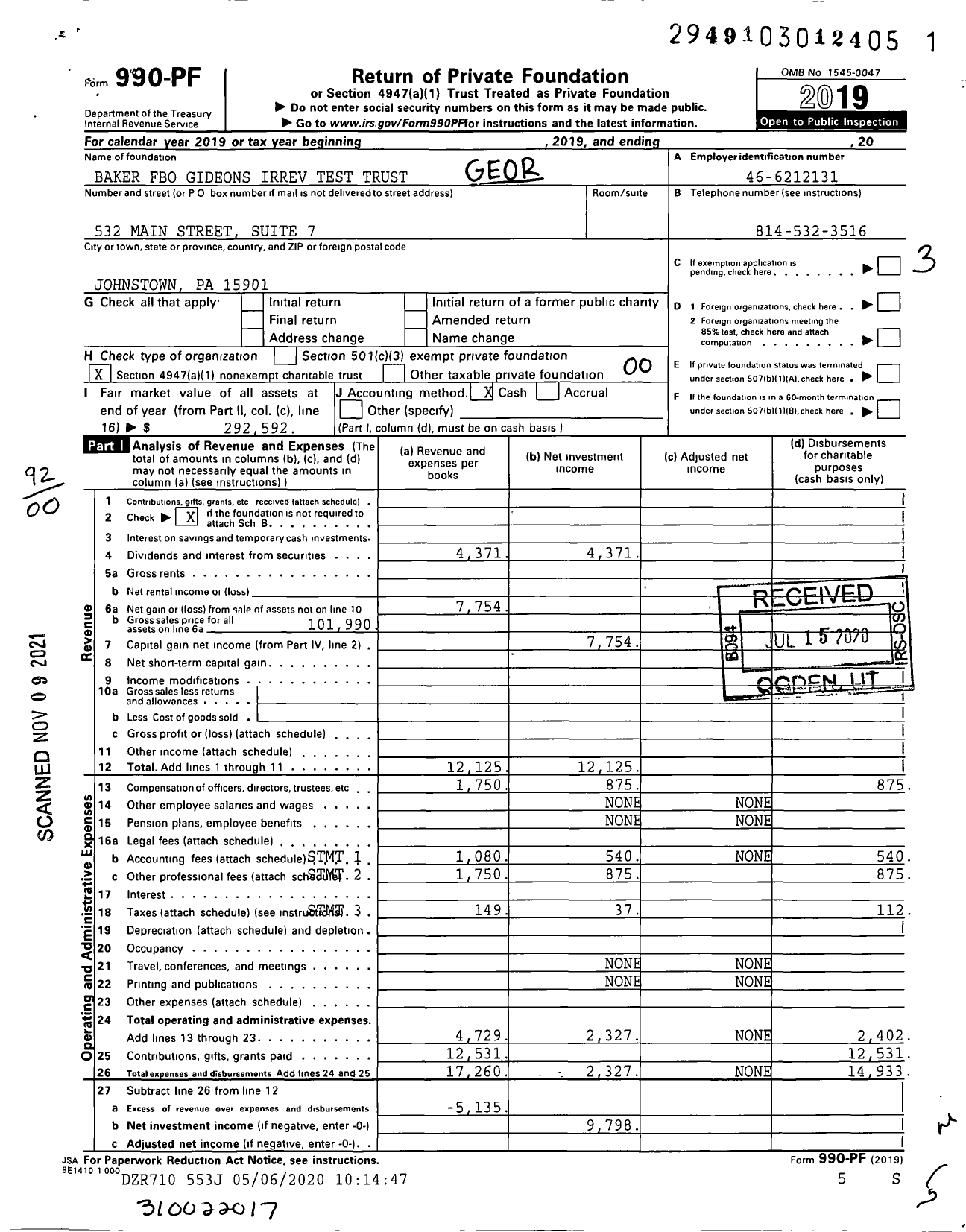 Image of first page of 2019 Form 990PF for Baker Fbo Gideons Irrev Test Trust