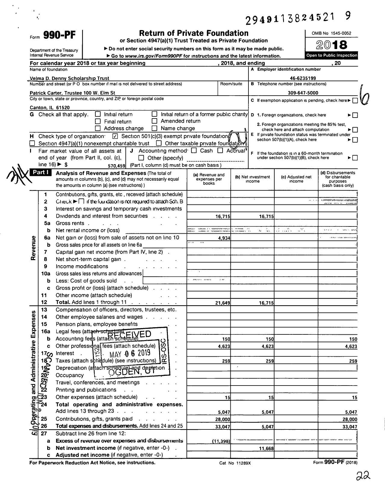 Image of first page of 2018 Form 990PF for Velma A Denny Scholarship Trust Agency 5562