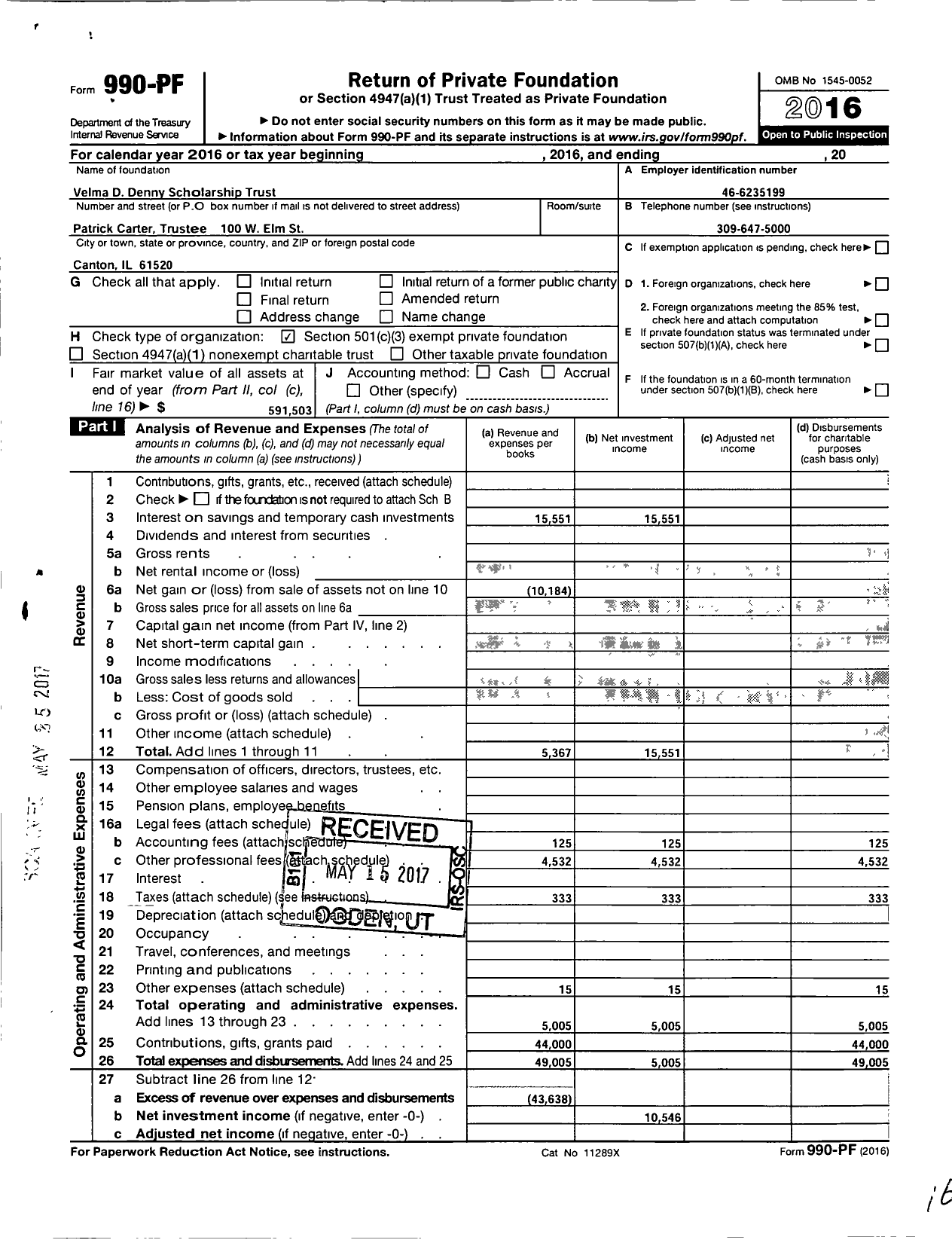 Image of first page of 2016 Form 990PF for Velma A Denny Scholarship Trust Agency 5562