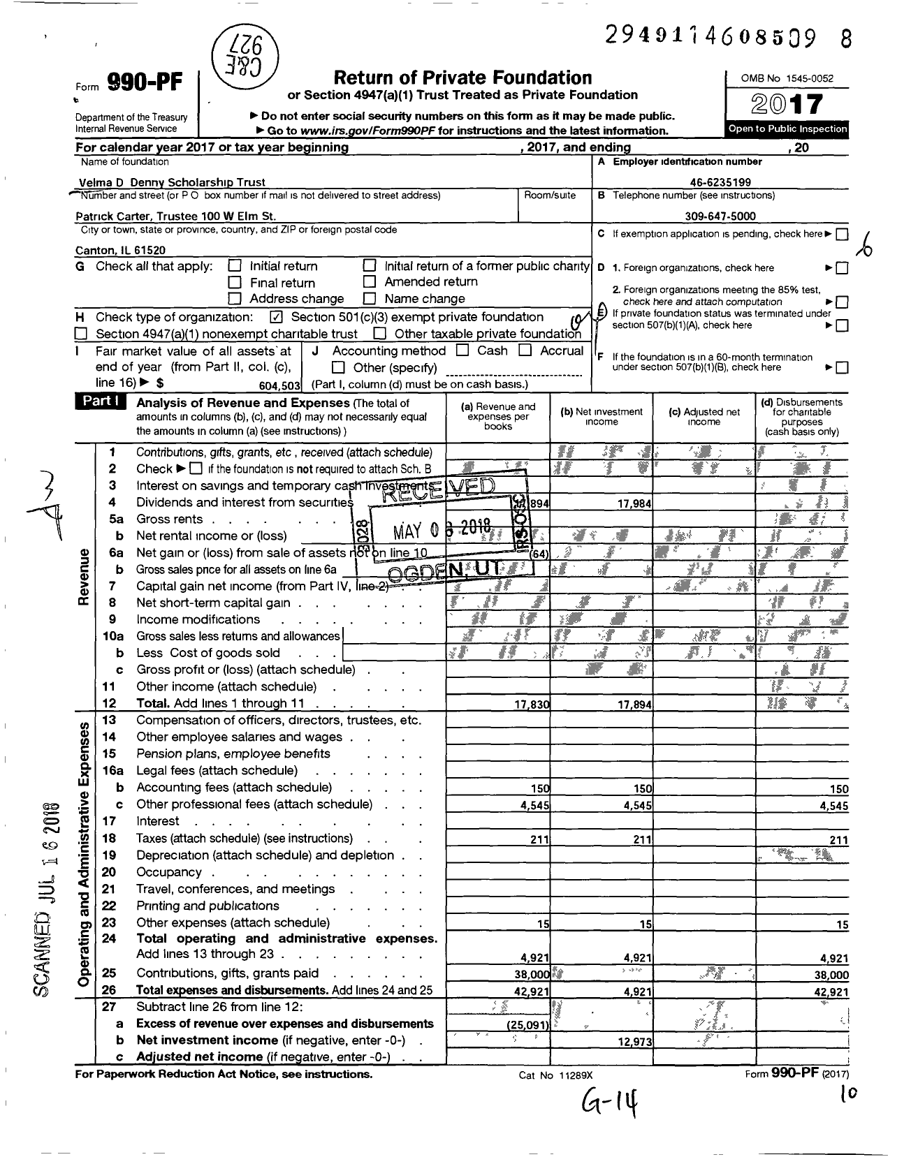 Image of first page of 2017 Form 990PF for Velma A Denny Scholarship Trust Agency 5562