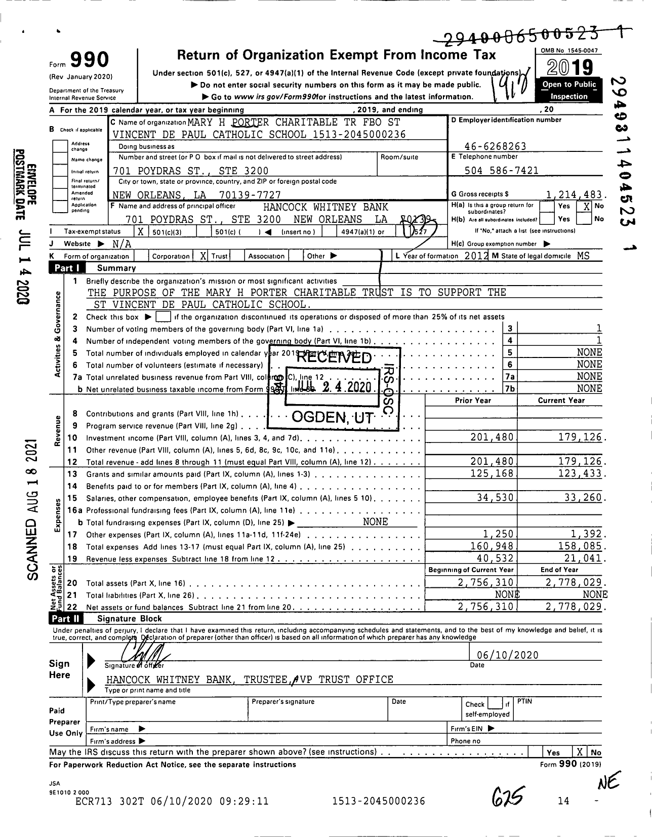Image of first page of 2019 Form 990 for Mary H Porter Charitable TR Fbo St