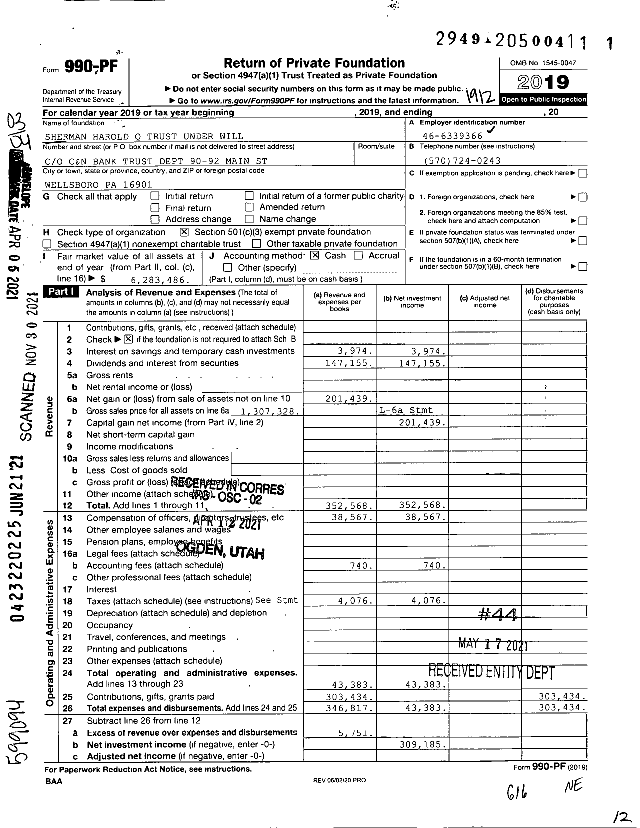 Image of first page of 2019 Form 990PF for Sherman Harold Q Trust Under Will