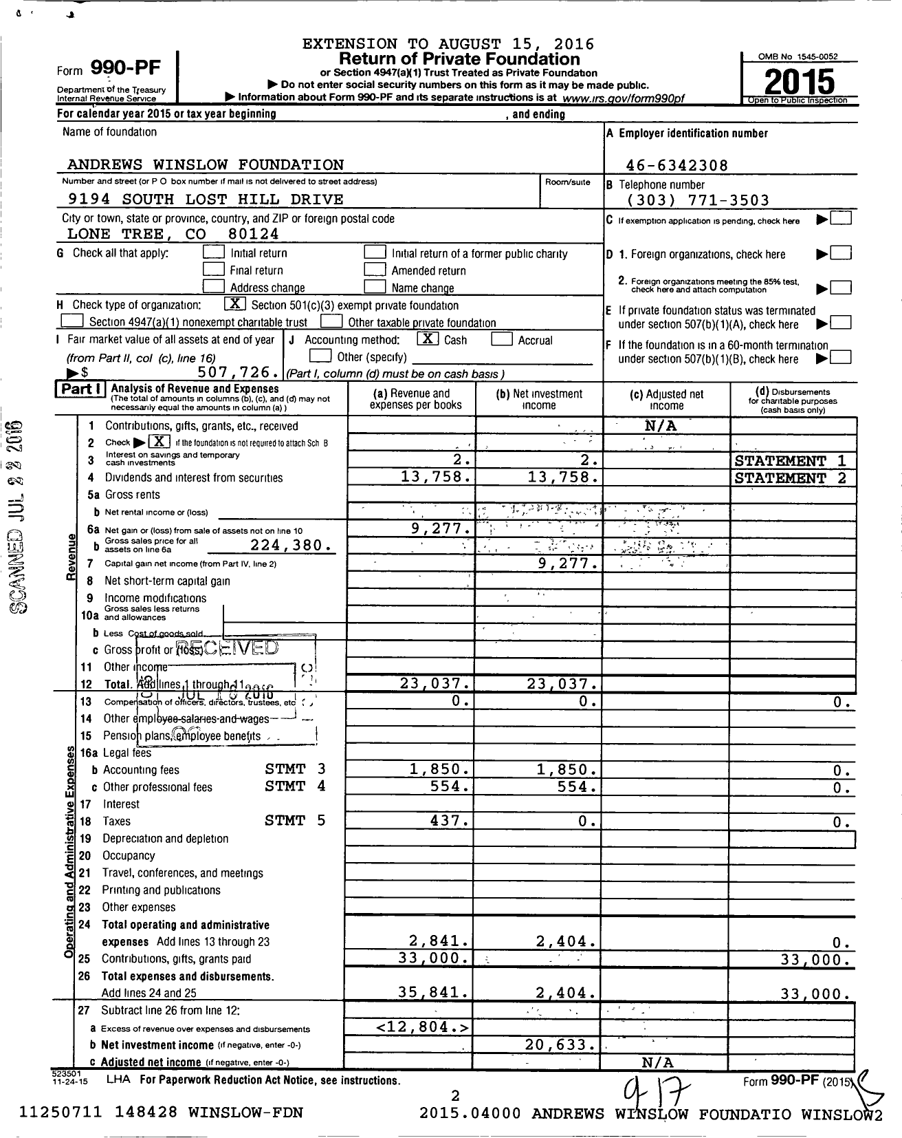 Image of first page of 2015 Form 990PF for Andrews Winslow Foundation