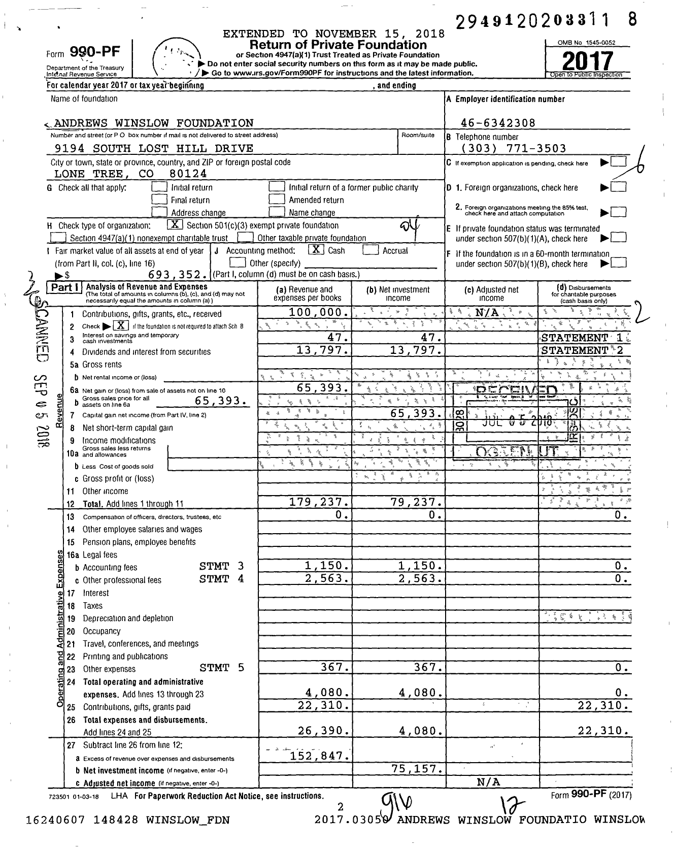 Image of first page of 2017 Form 990PF for Andrews Winslow Foundation