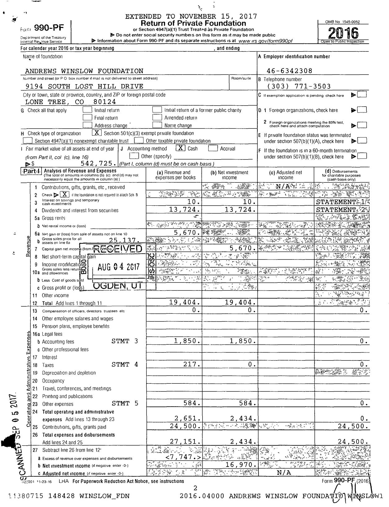 Image of first page of 2016 Form 990PF for Andrews Winslow Foundation
