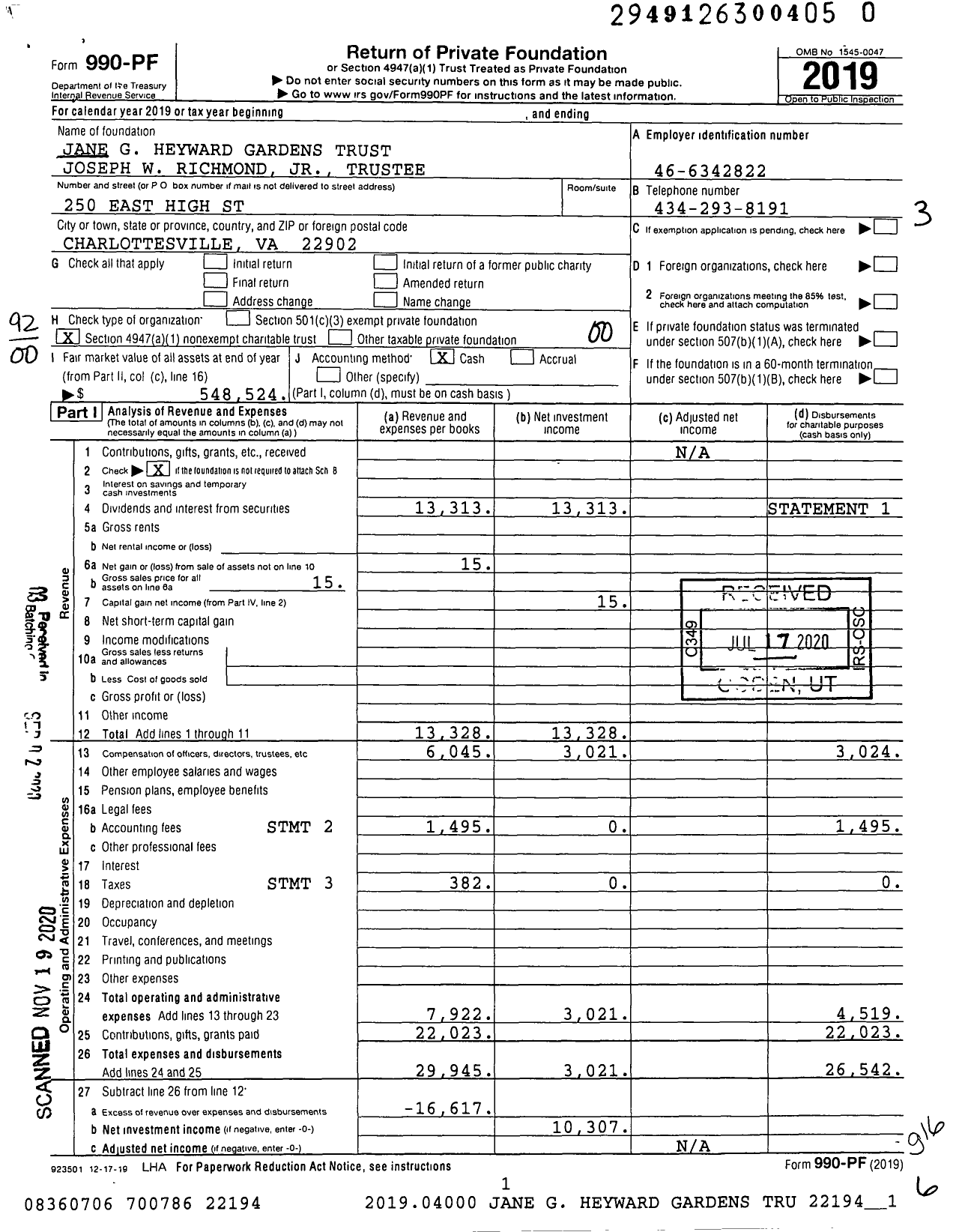 Image of first page of 2019 Form 990PF for Jane G Heyward Gardens Trust