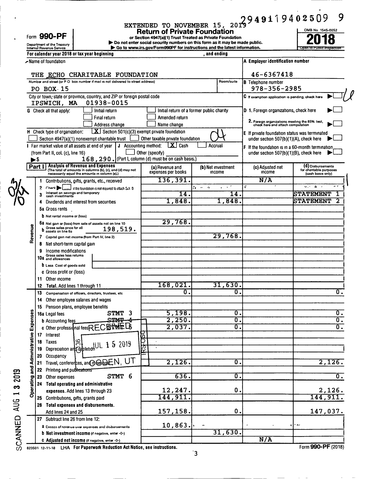 Image of first page of 2018 Form 990PF for The Echo Charitable Foundation