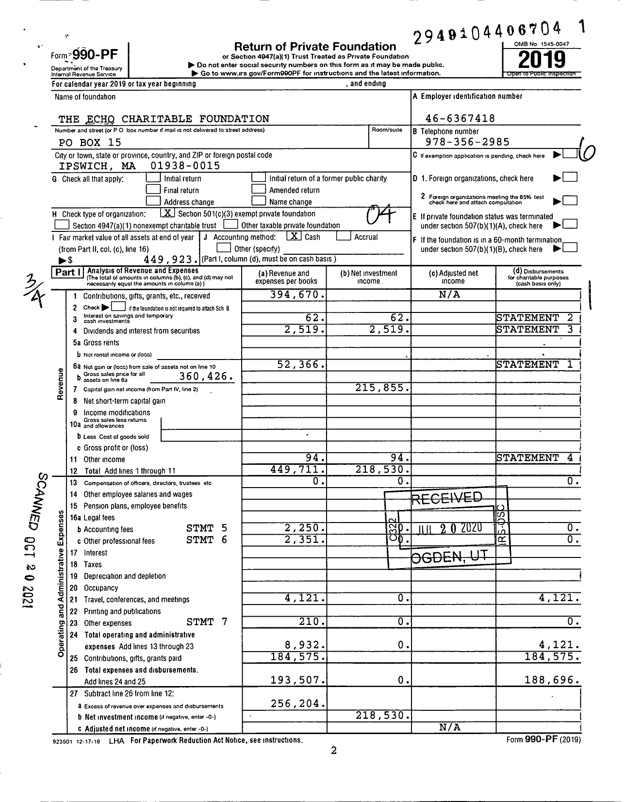 Image of first page of 2019 Form 990PF for The Echo Charitable Foundation