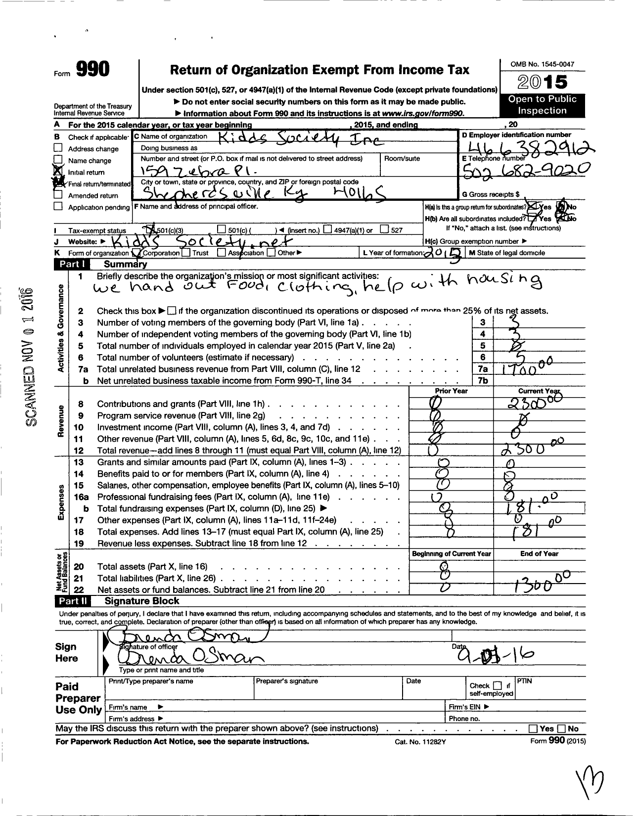 Image of first page of 2015 Form 990 for Kiddssociety