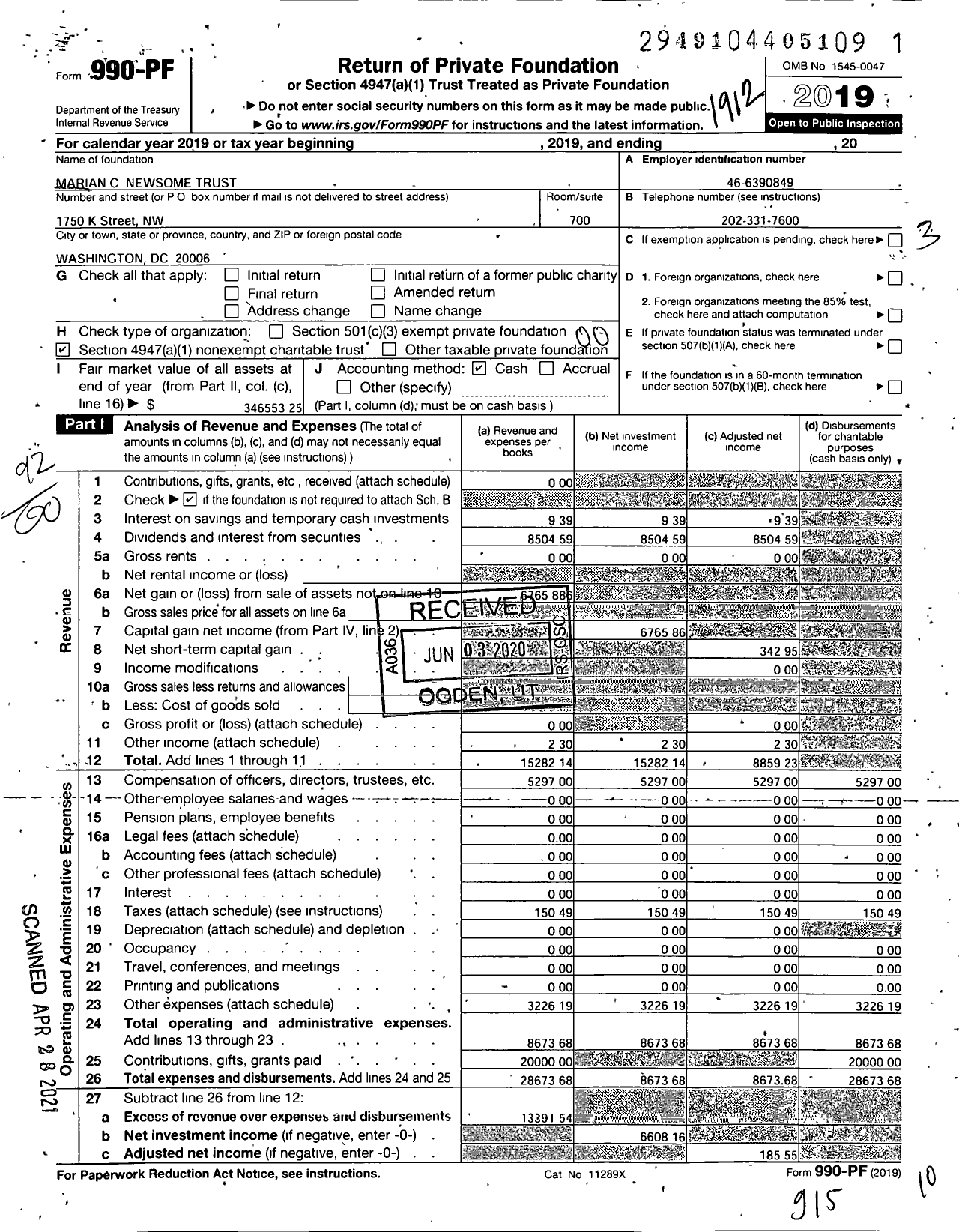 Image of first page of 2019 Form 990PF for Marian C Newsome Trust