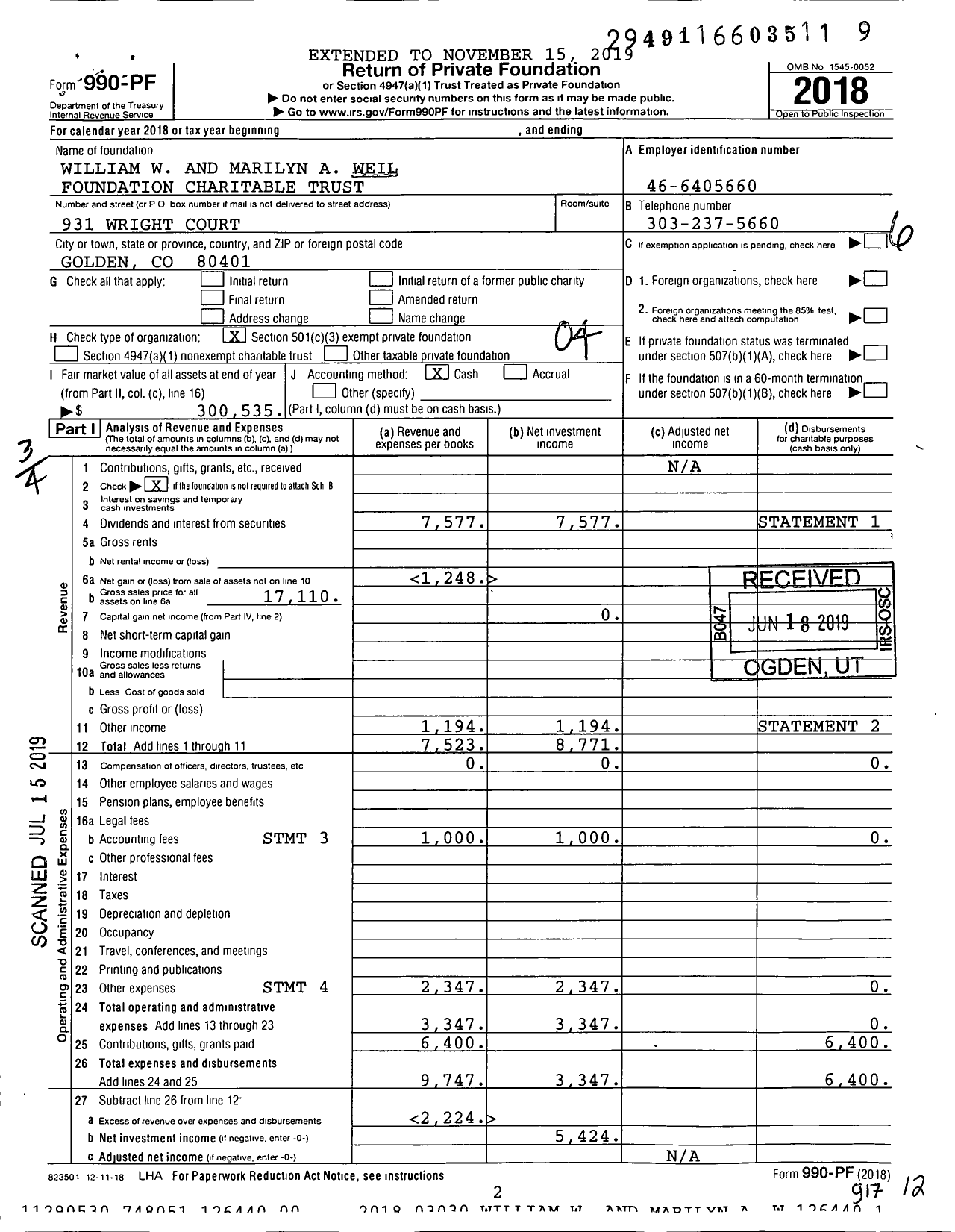 Image of first page of 2018 Form 990PF for William W and Marilyn A Weil Foundation Charitable Trust