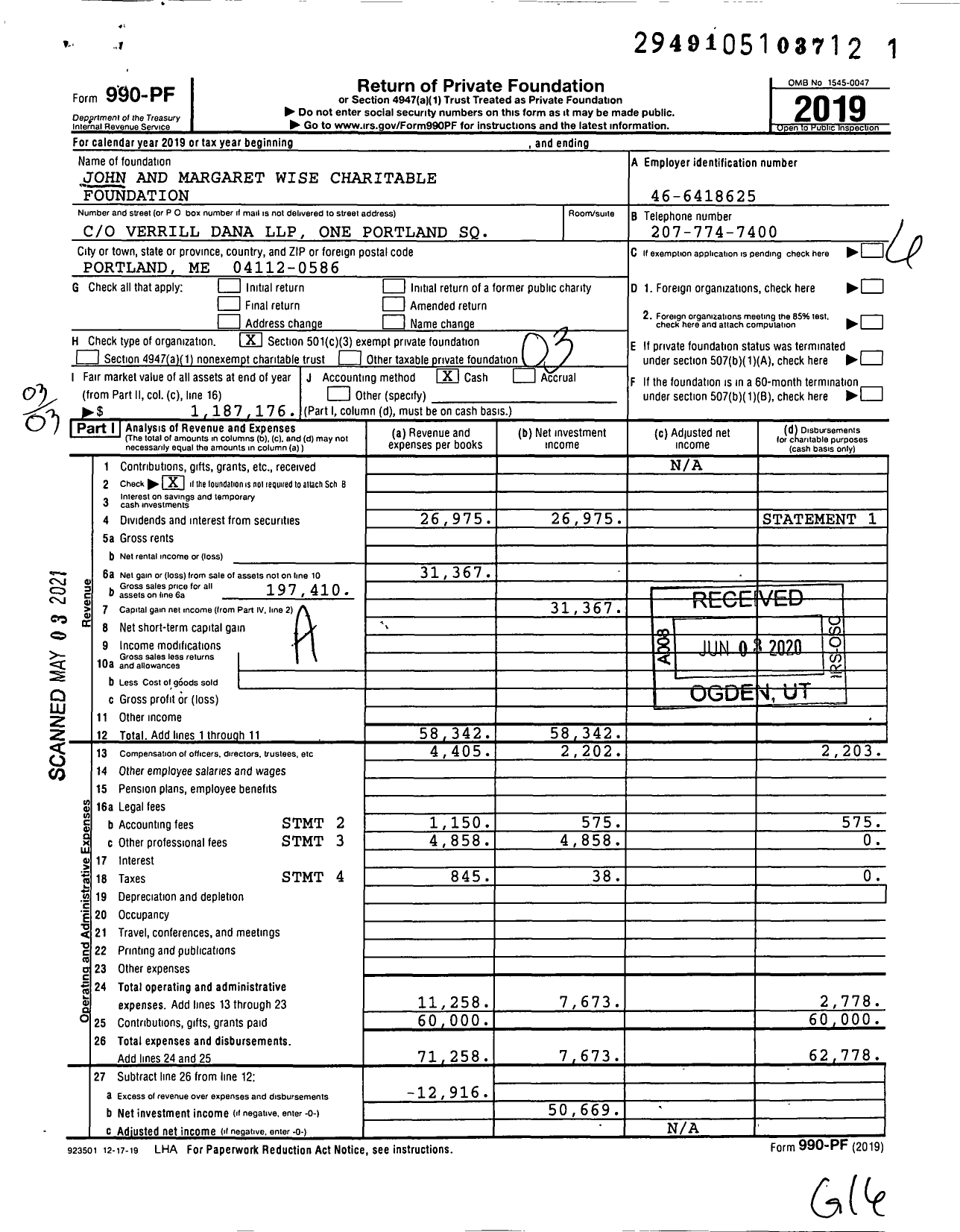 Image of first page of 2019 Form 990PF for Wise John and Margaret Charitable FDTN