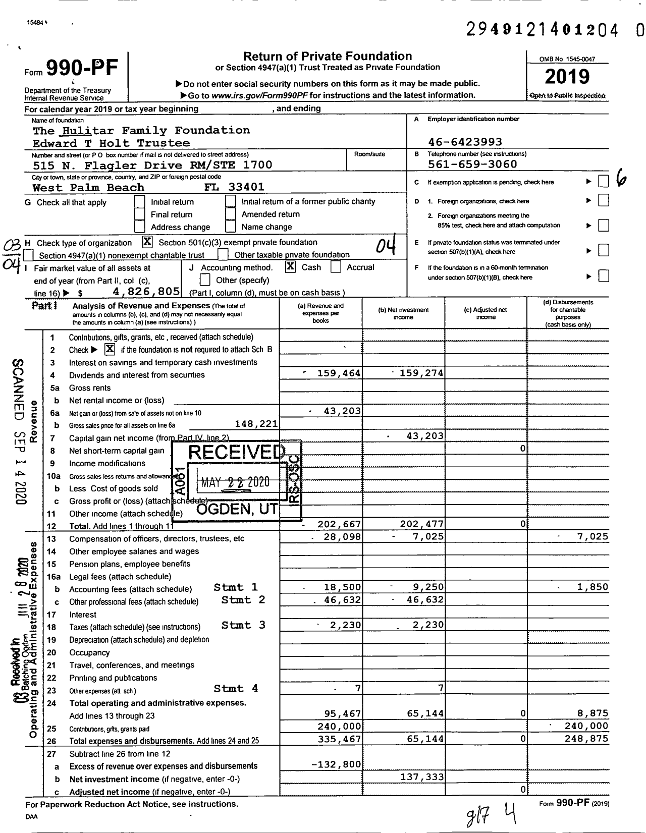 Image of first page of 2019 Form 990PR for The Hulitar Family Foundation Edward T Holt Trustee