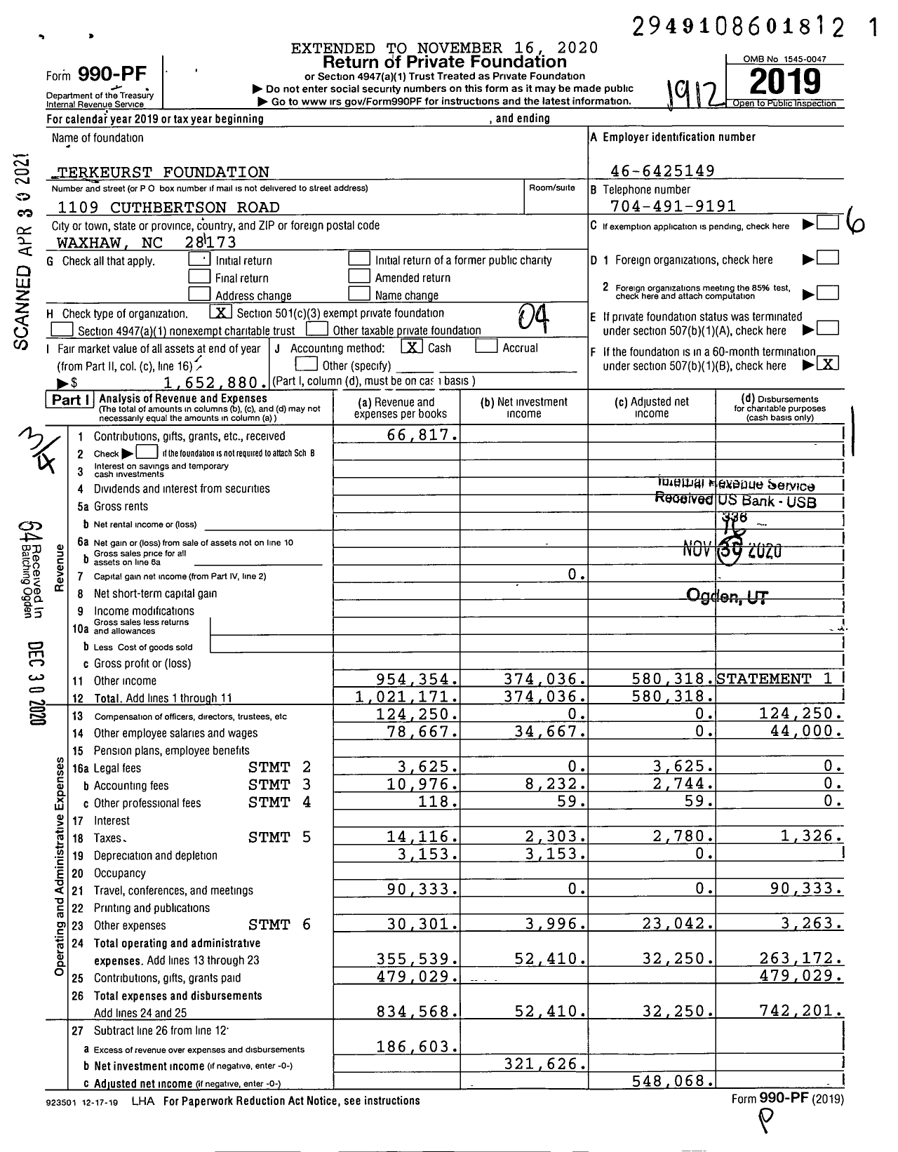 Image of first page of 2019 Form 990PF for Terkeurst Foundation