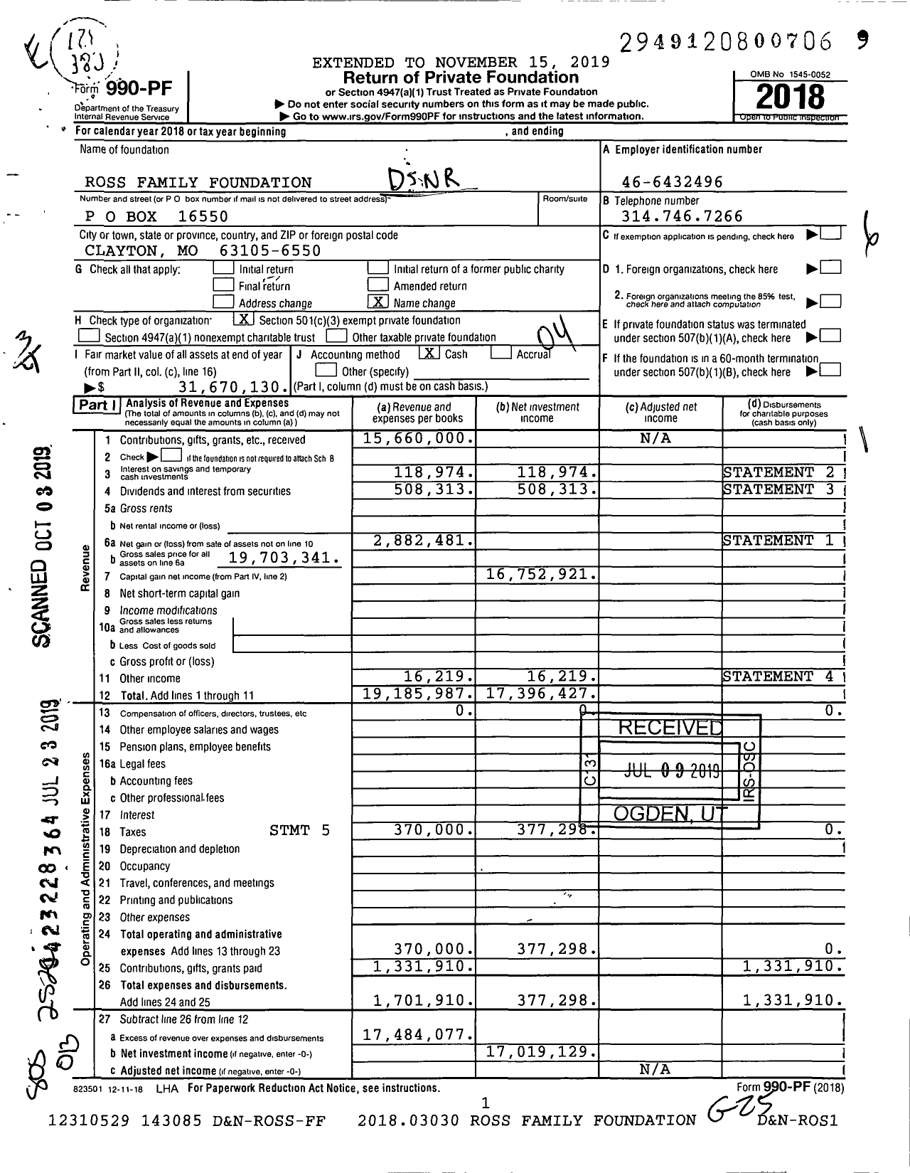 Image of first page of 2018 Form 990PF for Ross Family Foundation