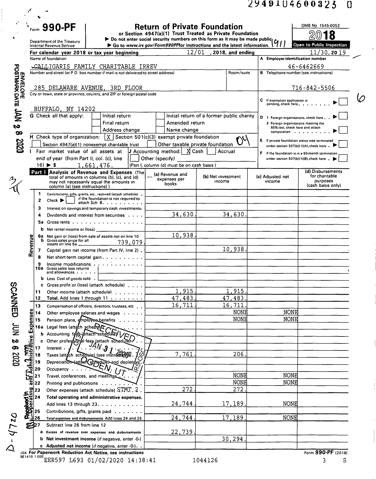 Image of first page of 2018 Form 990PR for Calligaris Family Charitable Irrev