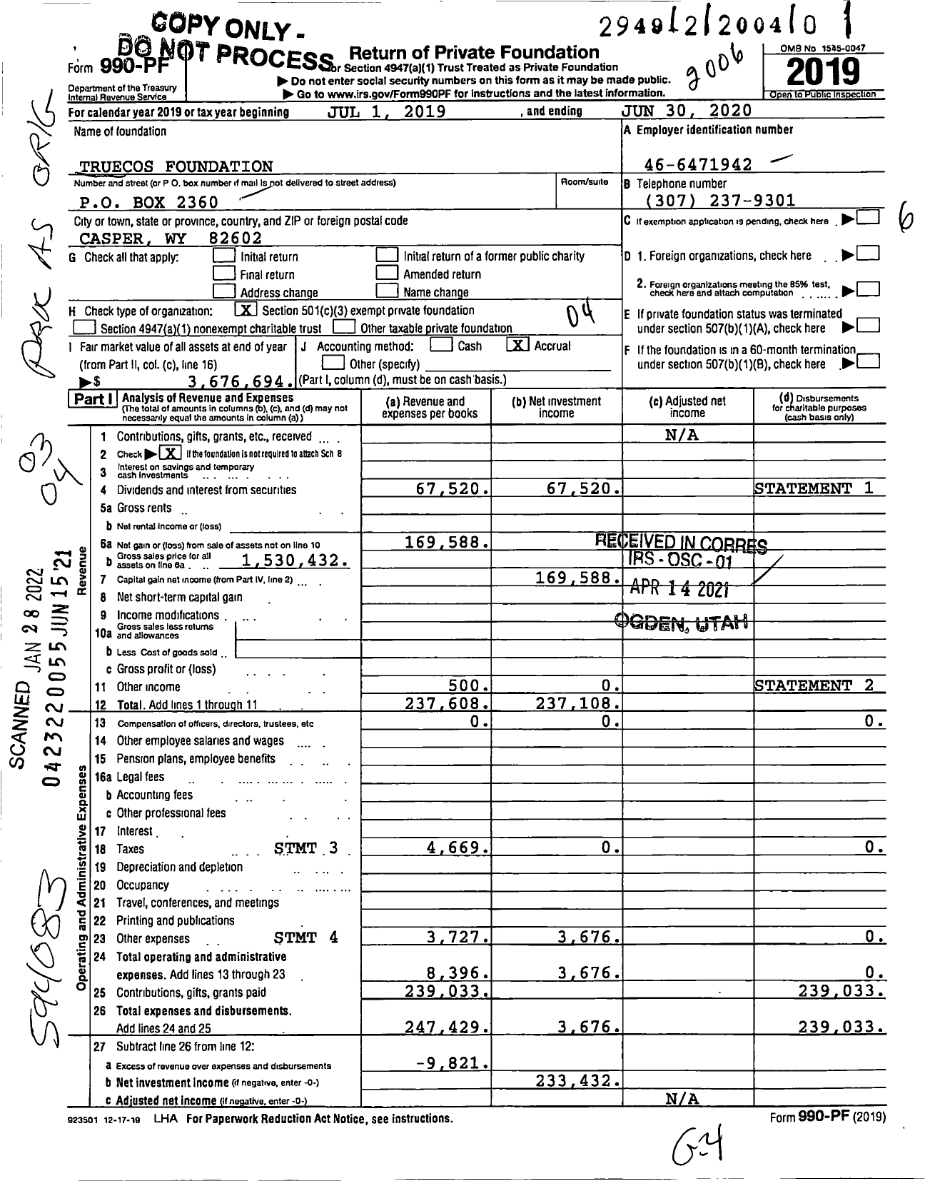 Image of first page of 2019 Form 990PF for Truecos Foundation