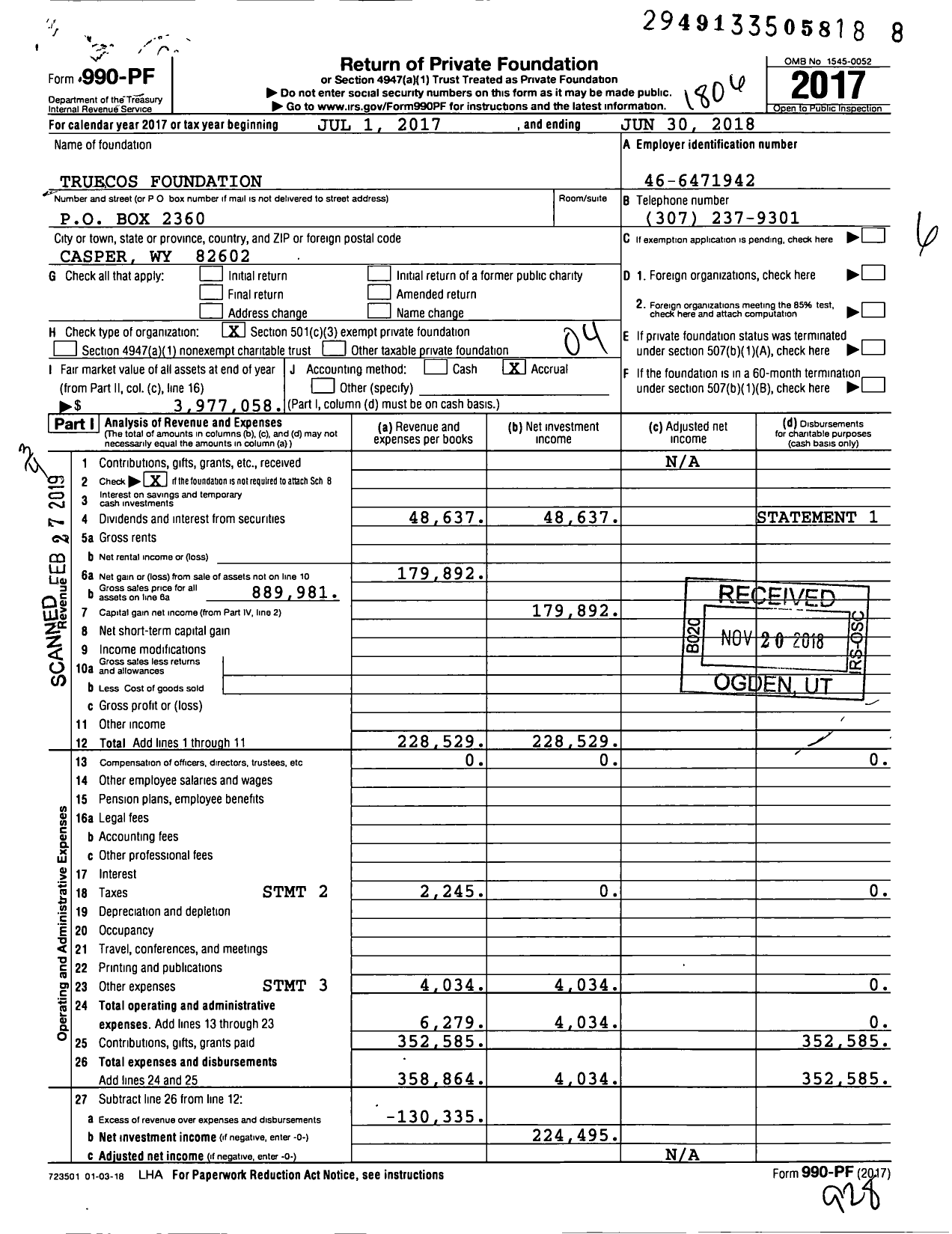 Image of first page of 2017 Form 990PF for Truecos Foundation