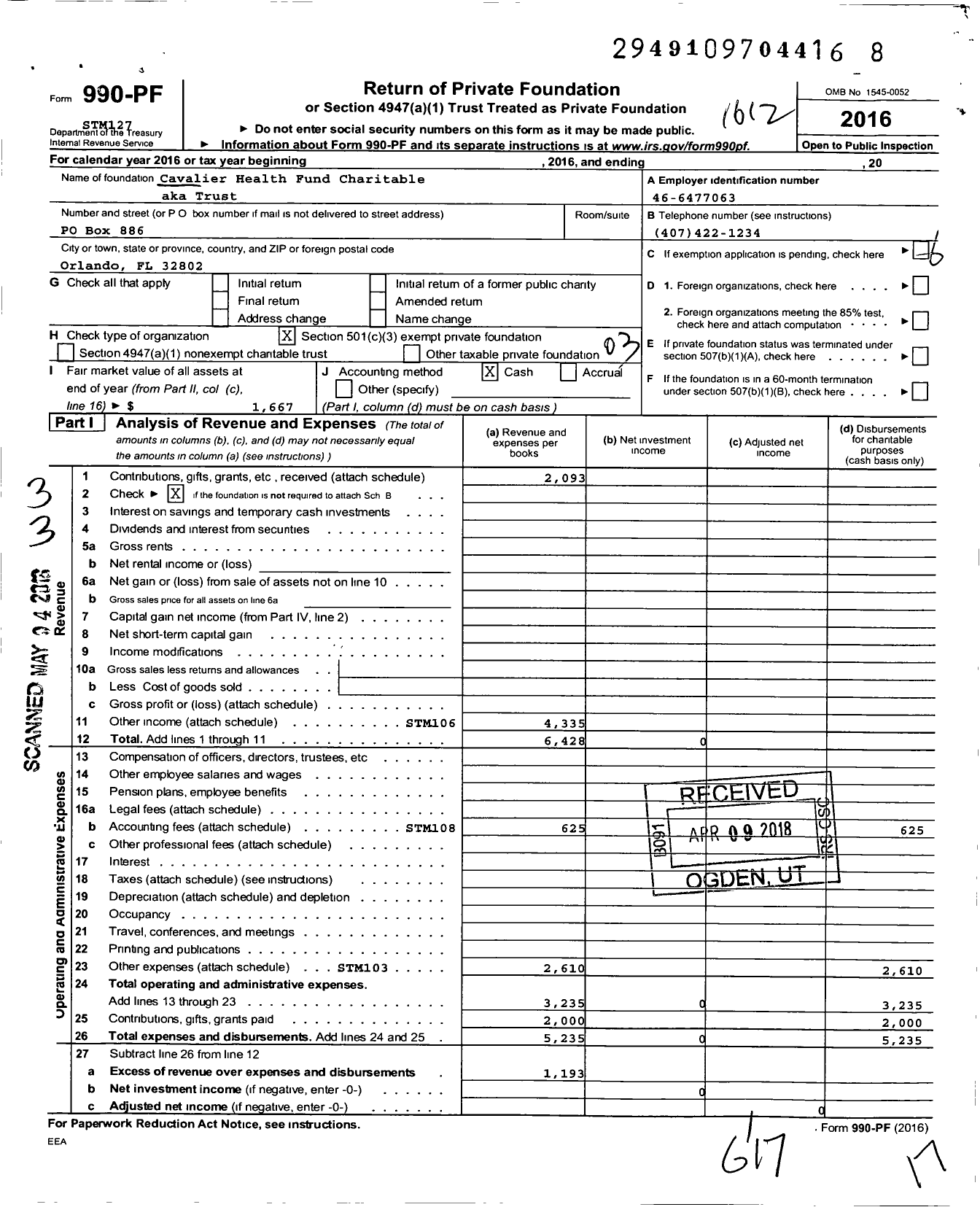 Image of first page of 2016 Form 990PF for Cavalier Health Fund Charitable Trust