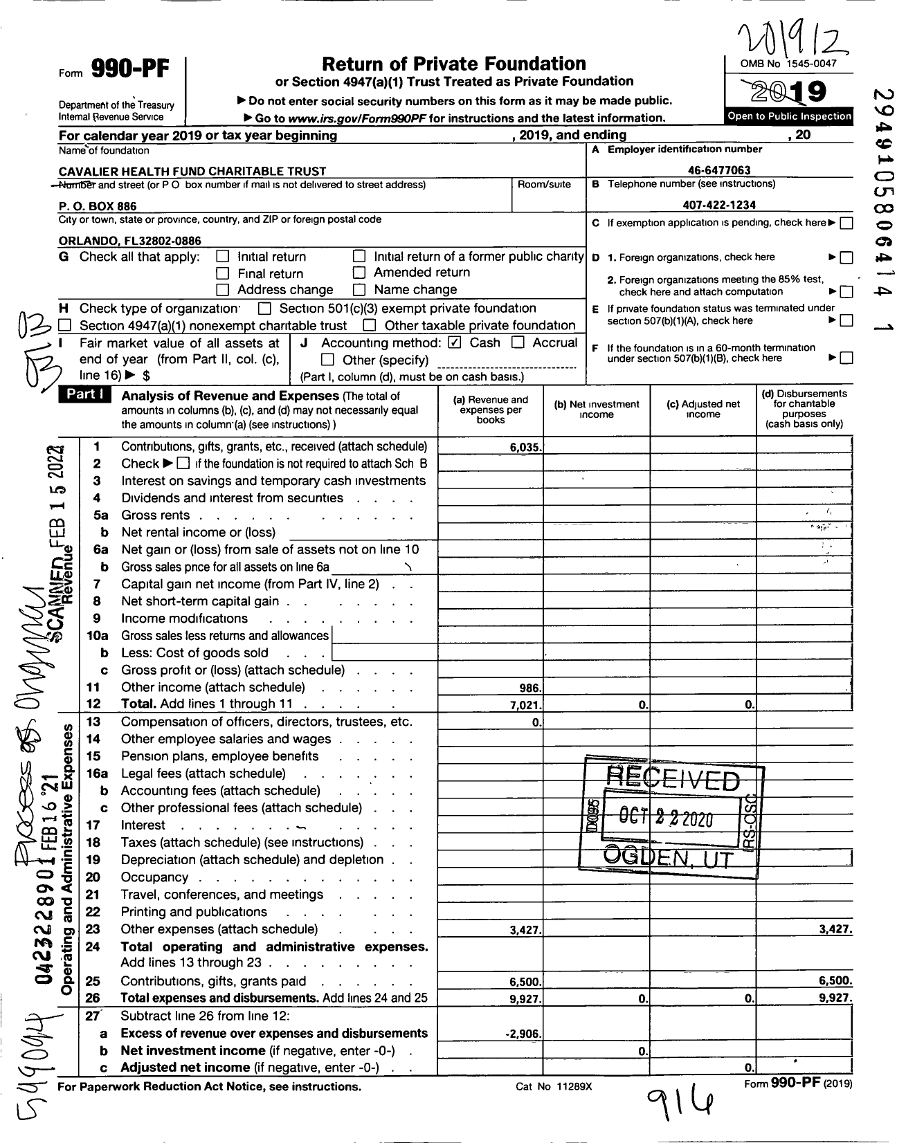 Image of first page of 2019 Form 990PF for Cavalier Health Fund Charitable Trust