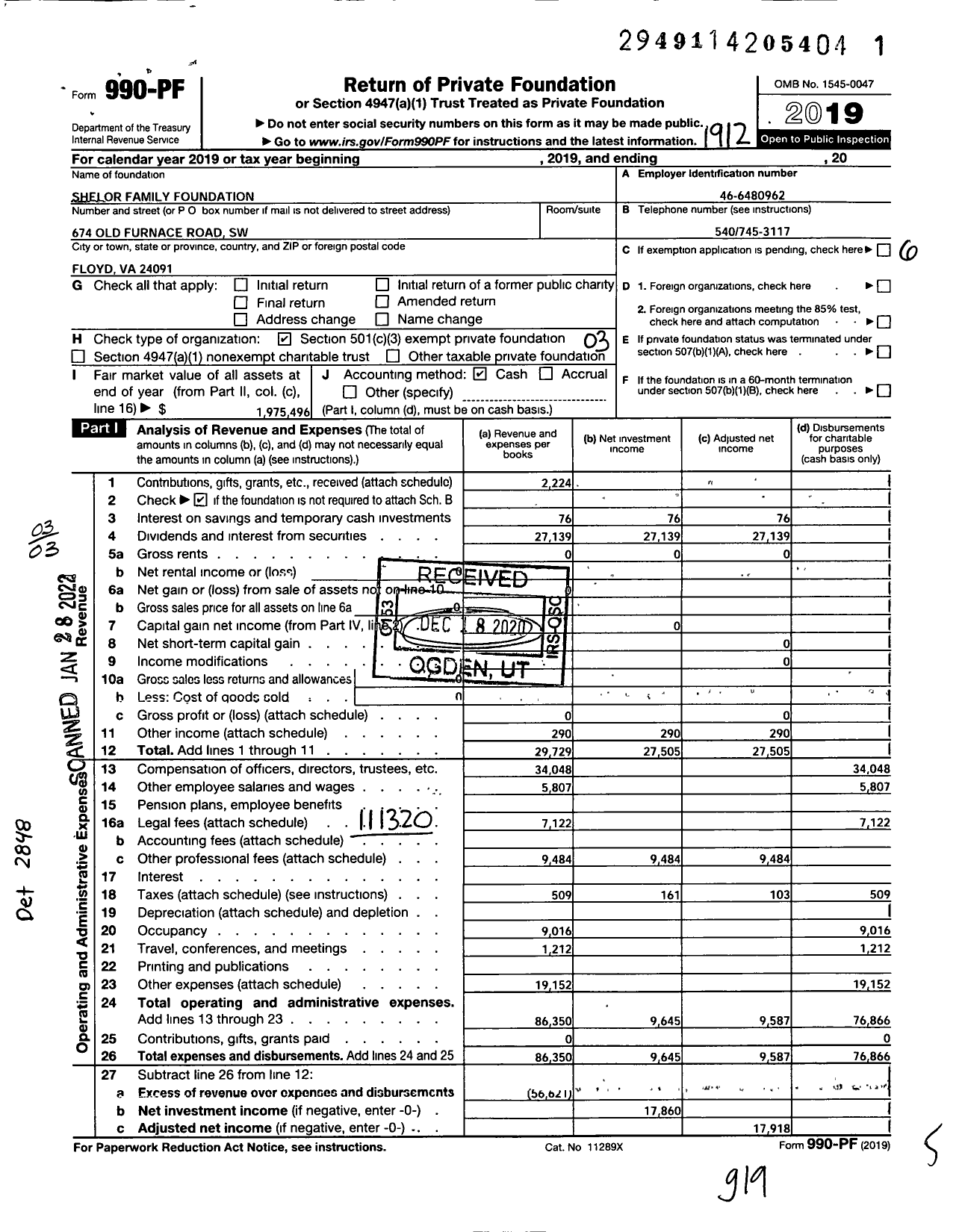 Image of first page of 2019 Form 990PF for Shelor Family Foundation