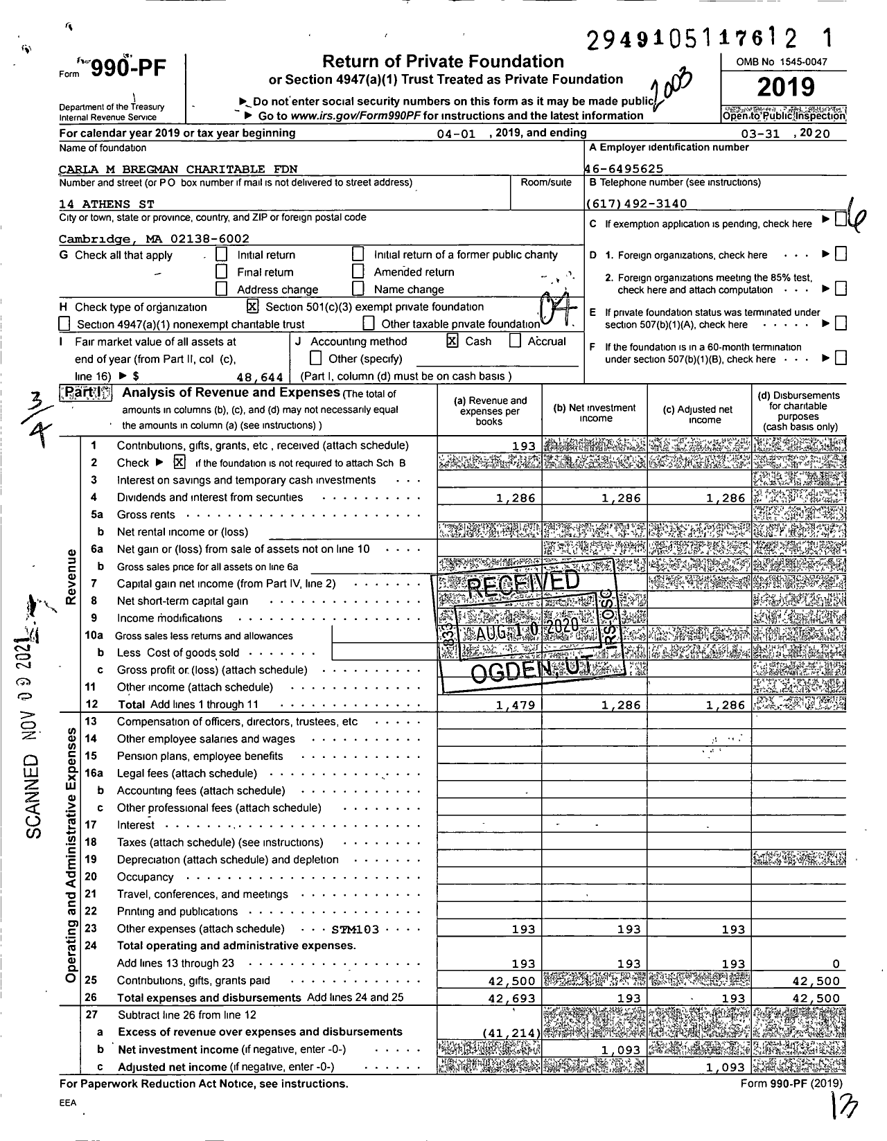 Image of first page of 2019 Form 990PF for Carla M Bregman Charitable Foundation