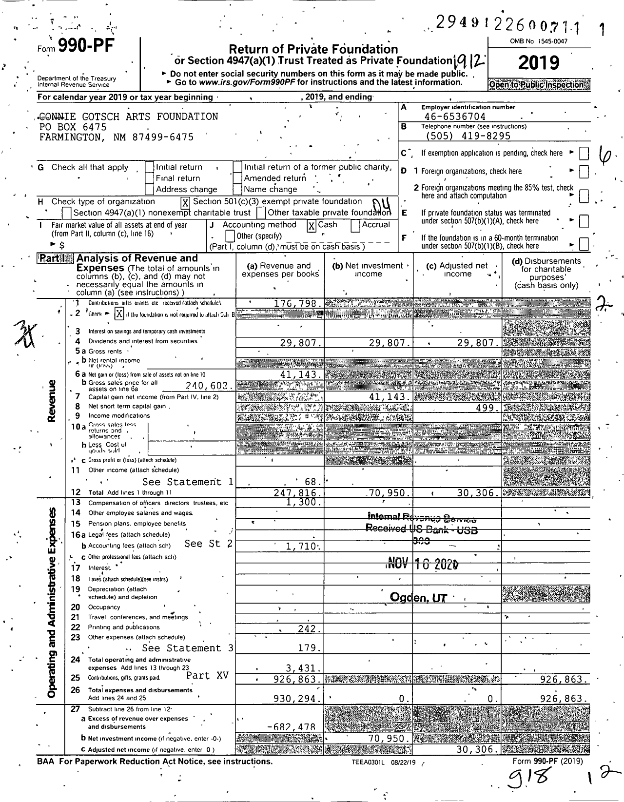 Image of first page of 2019 Form 990PF for Connie Gotsch Arts Foundation