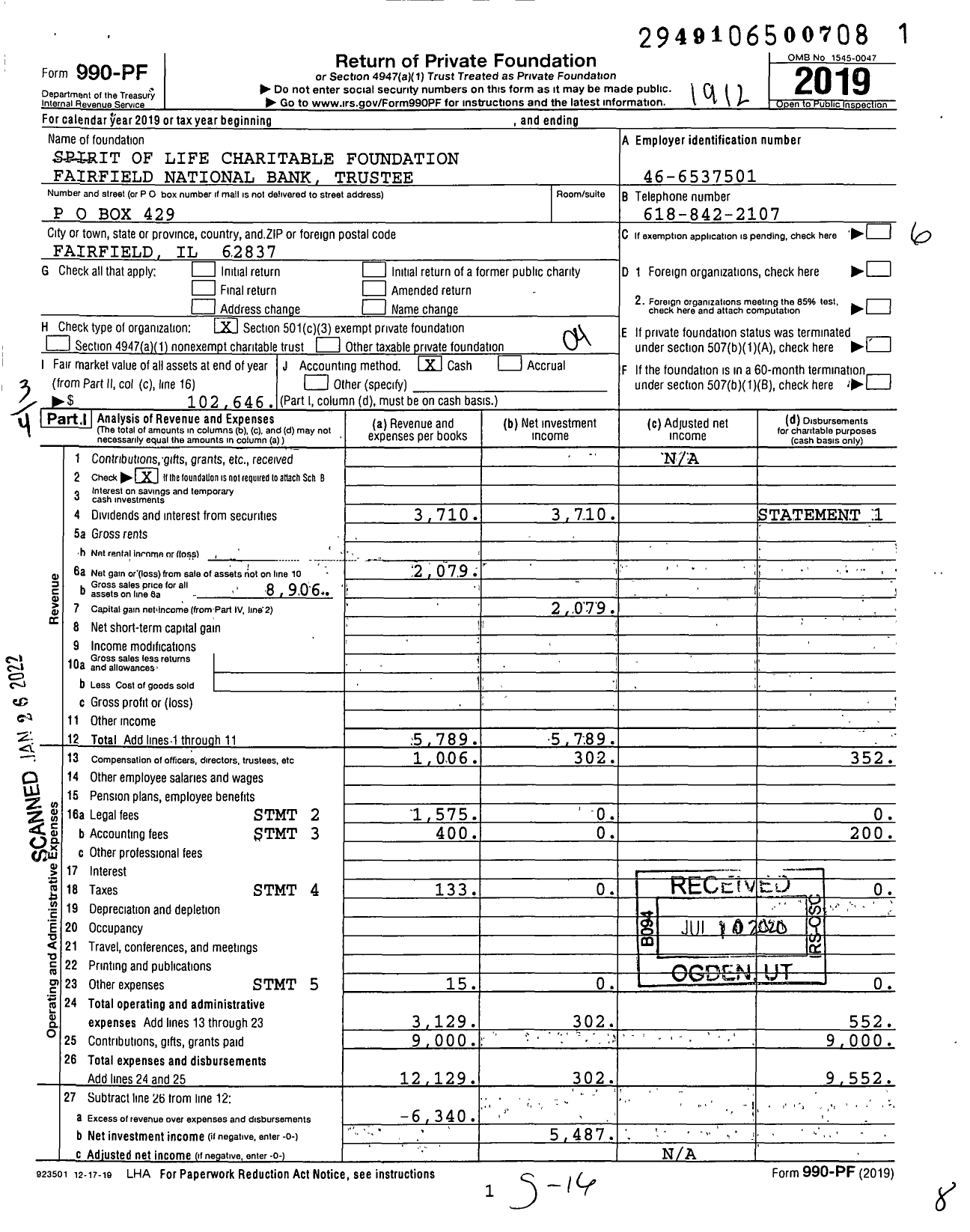 Image of first page of 2019 Form 990PF for Spirit of Life Charitable Foundation Fairfield National Bank Trustee