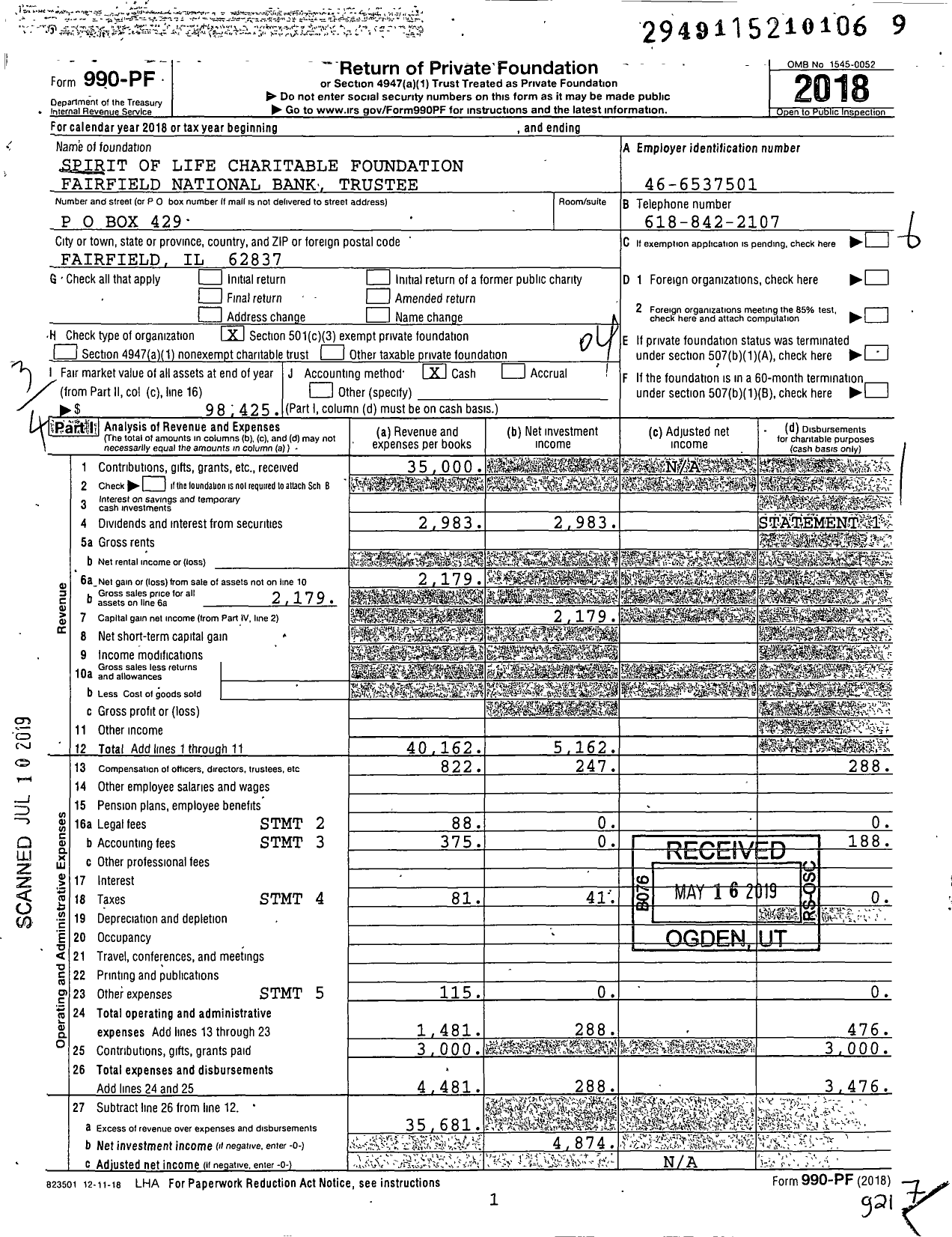 Image of first page of 2018 Form 990PF for Spirit of Life Charitable Foundation Fairfield National Bank Trustee