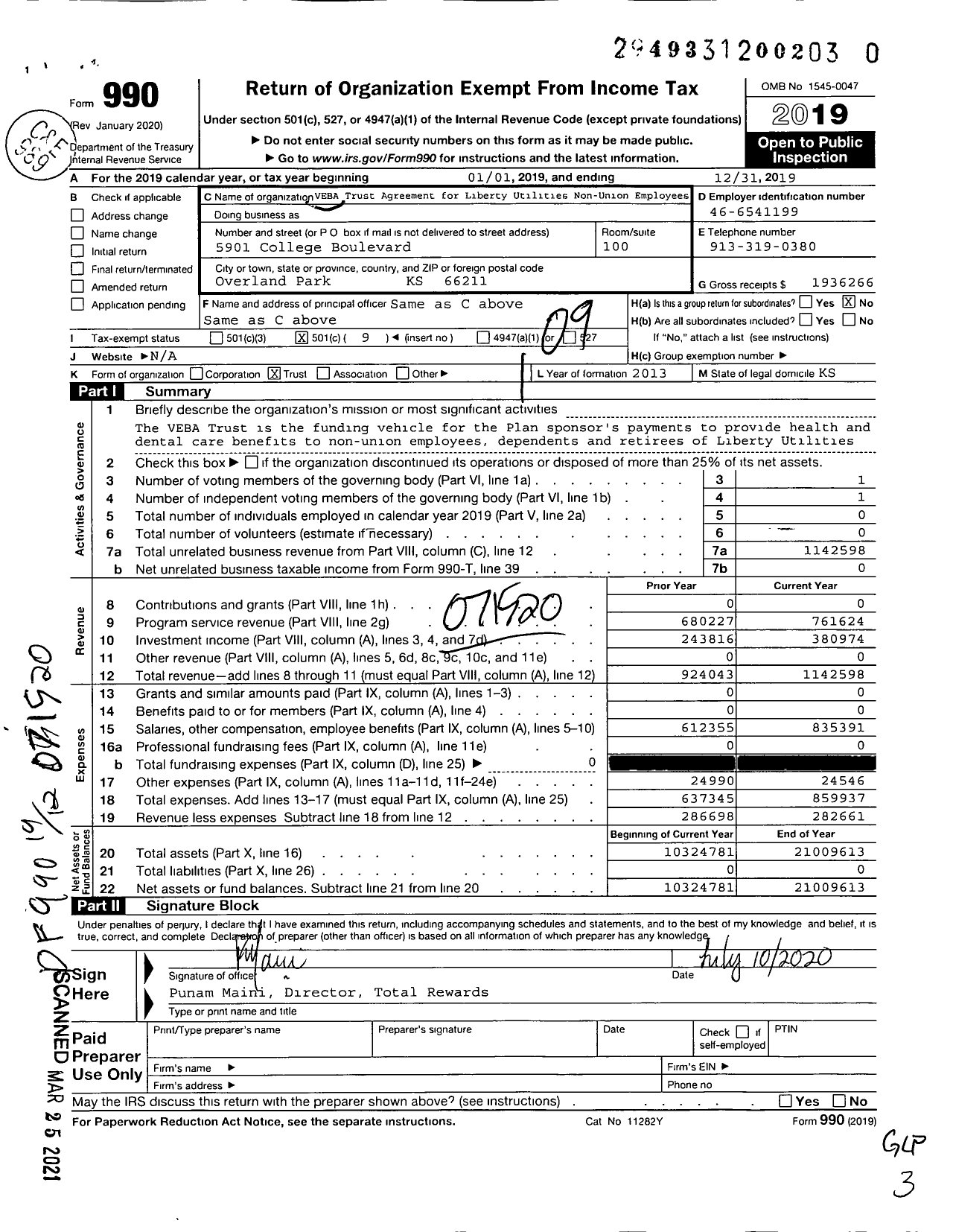Image of first page of 2019 Form 990O for Veba Trust Agreement for Liberty Utilities Non-Union Employees