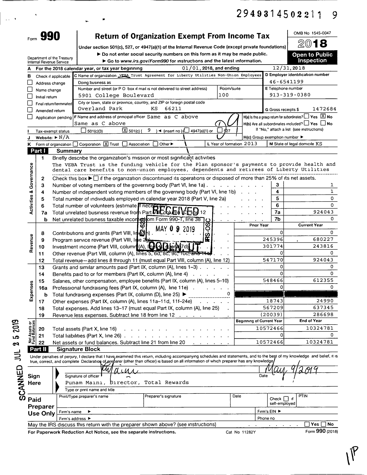 Image of first page of 2018 Form 990O for Veba Trust Agreement for Liberty Utilities Non-Union Employees