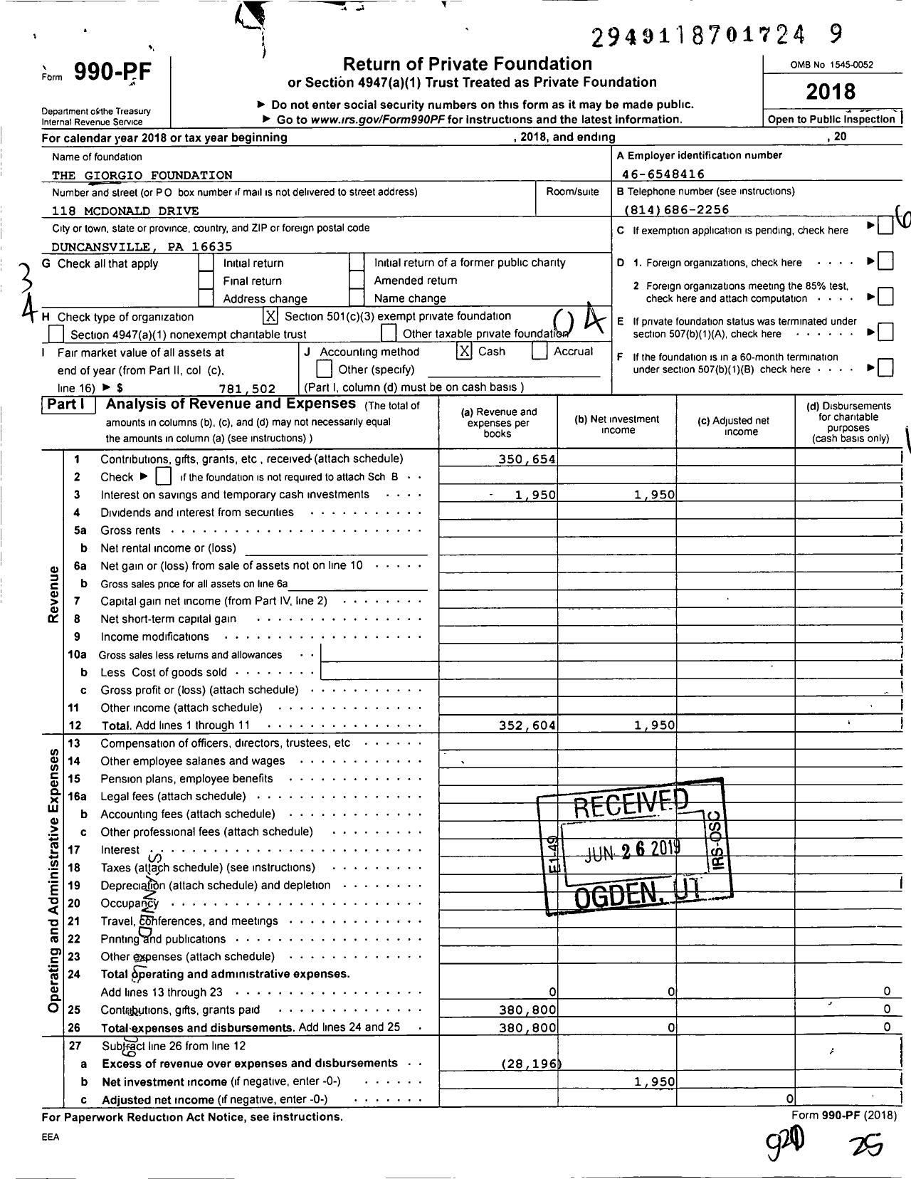 Image of first page of 2018 Form 990PF for The Giorgio Foundation
