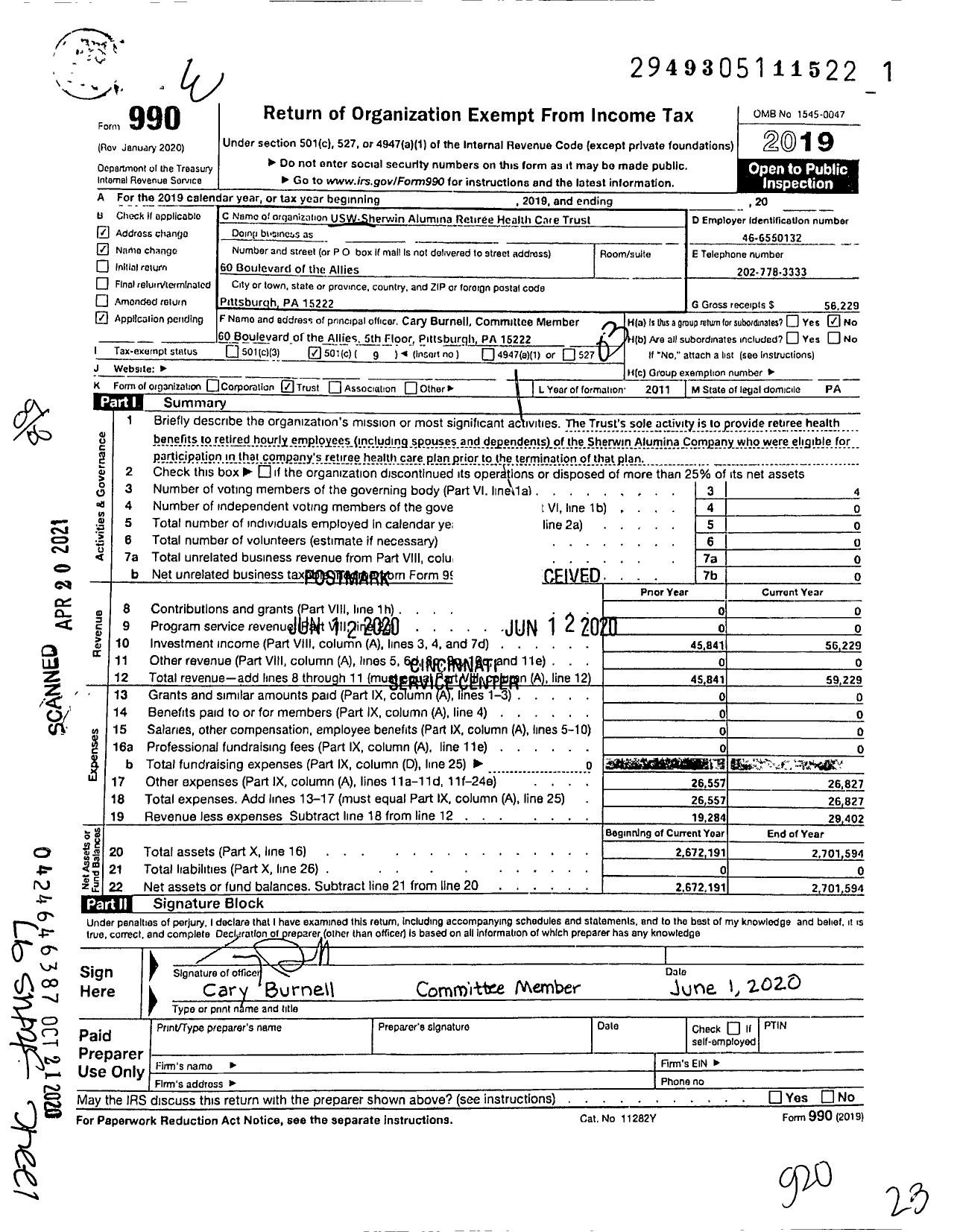 Image of first page of 2019 Form 990O for Usw-Sherwin Alumina Retiree Health Care Trust