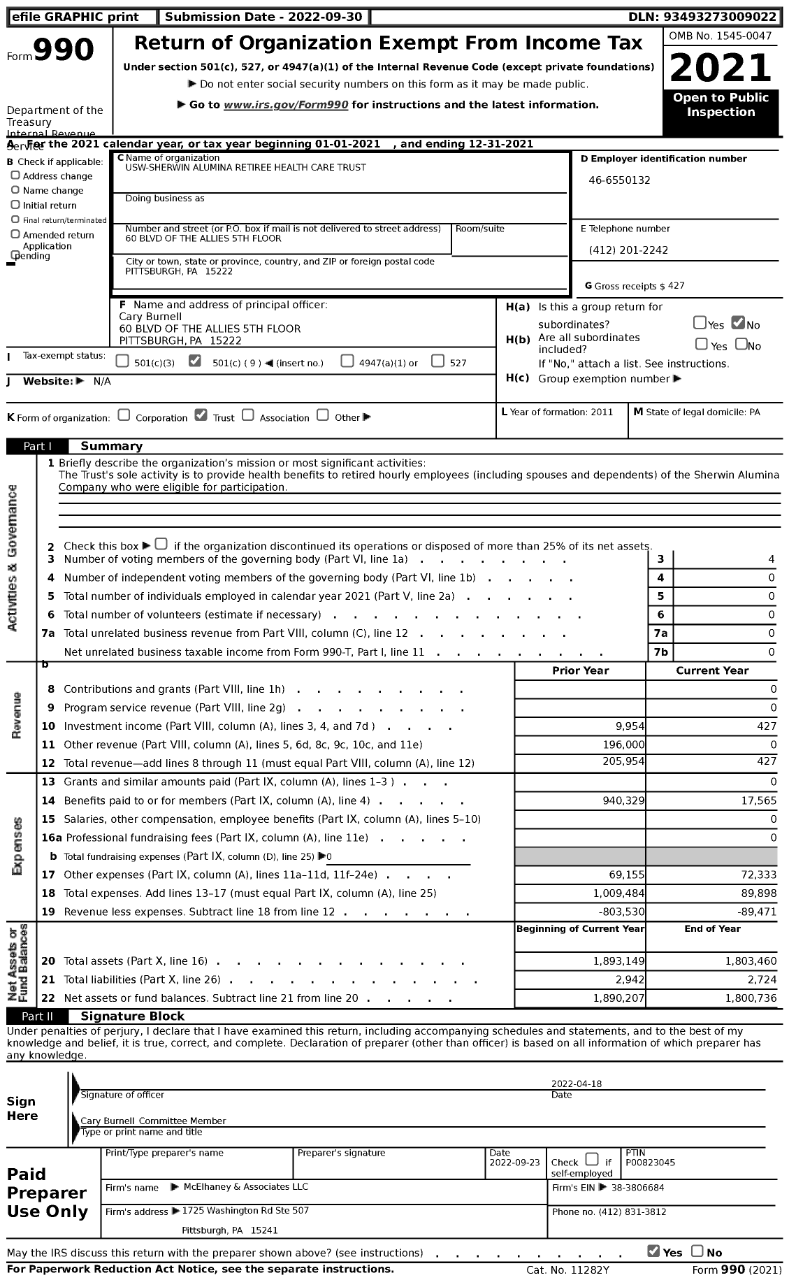 Image of first page of 2021 Form 990 for Usw-Sherwin Alumina Retiree Health Care Trust