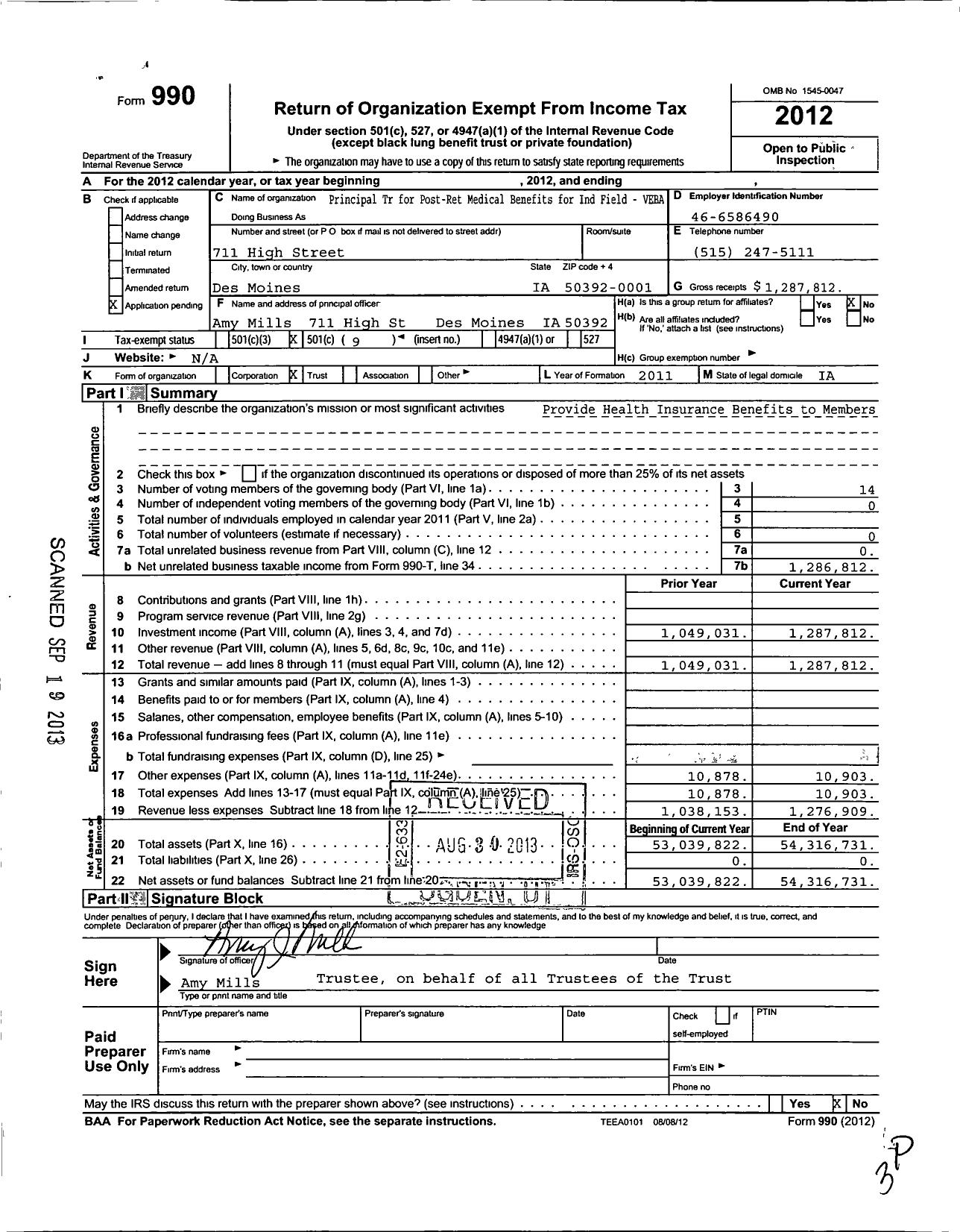 Image of first page of 2012 Form 990O for Principal TR for Post-Ret Medical Benefits for Ind Field - Field-Veba